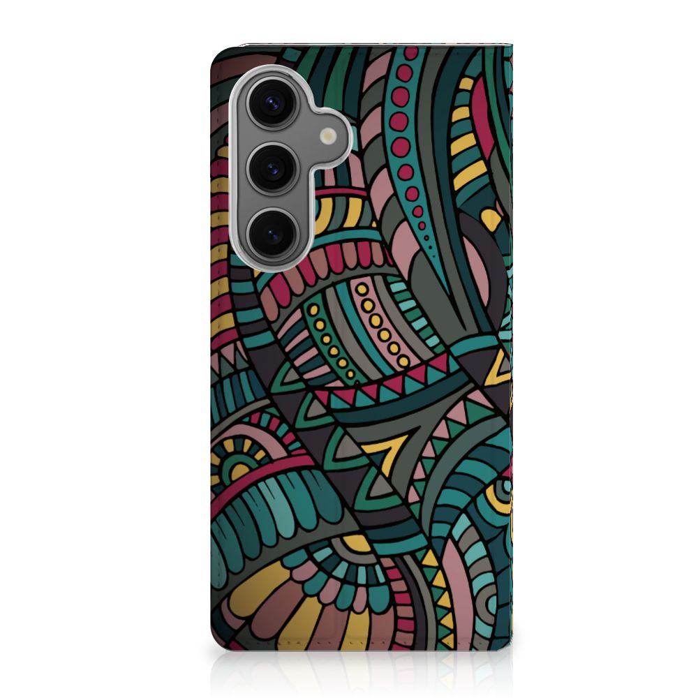 Samsung Galaxy S24FE Hoesje met Magneet Aztec kunstzinnig ontwerp kleurrijke retro stijl