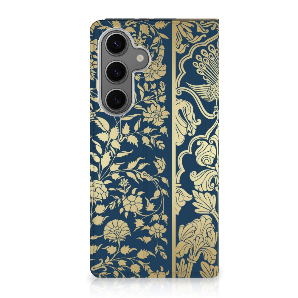 Samsung Galaxy S24FE Smart Cover Beige Flowers telefoonhoes donkerblauw bloemen design