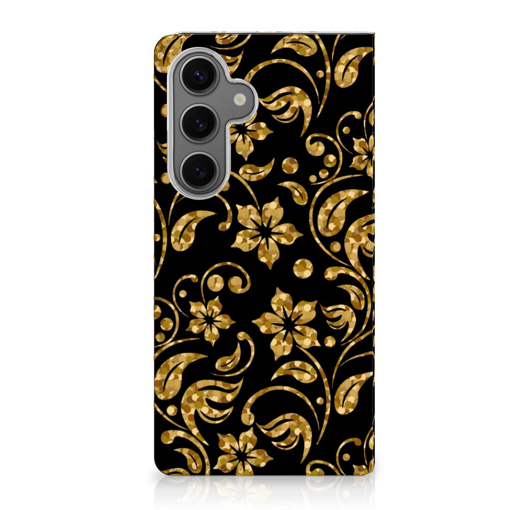 Samsung Galaxy S24FE Smart Cover Gouden Bloemen bloemen design zwart