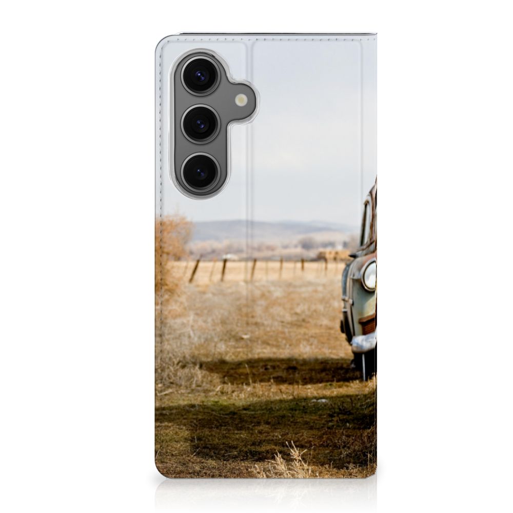 Samsung Galaxy S24FE Stand Case Vintage Auto boekhoesje vintage auto aanzicht