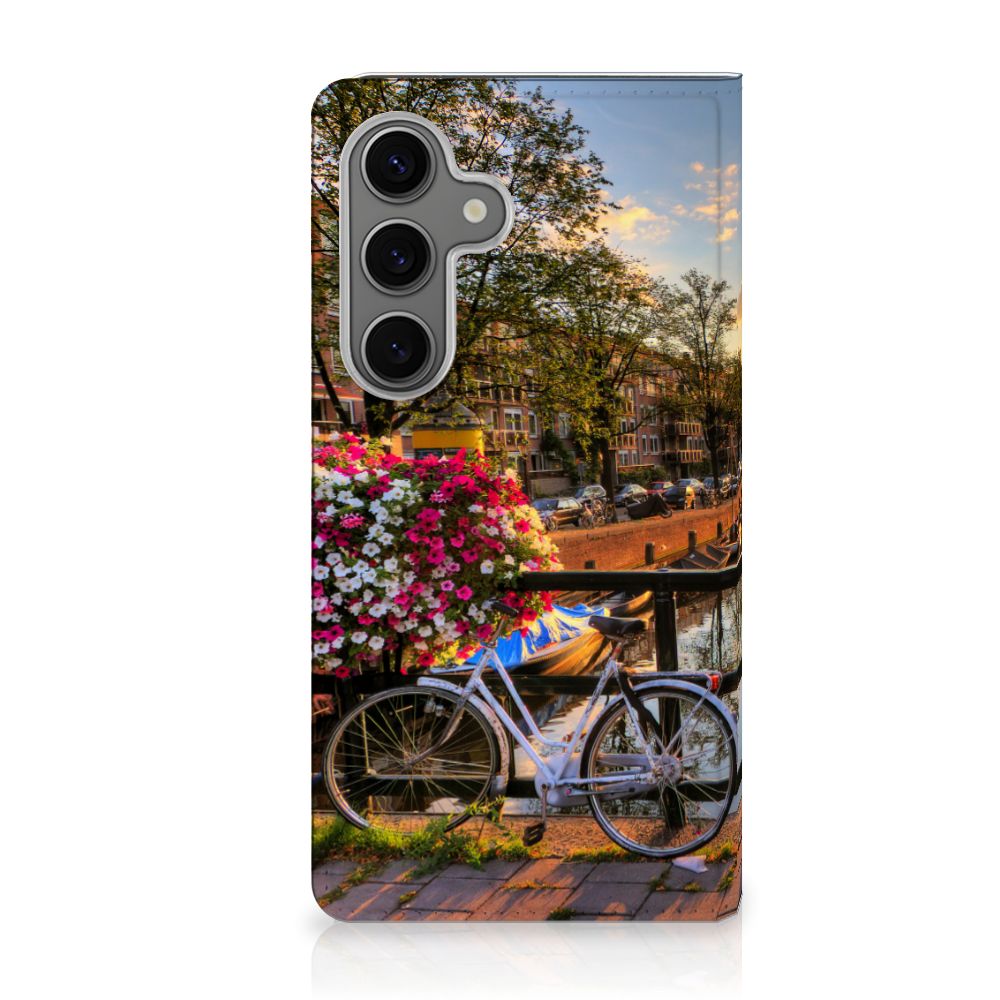 Samsung Galaxy S25 Book Cover Amsterdamse Grachten ontwerp fiets bloemen uitzicht