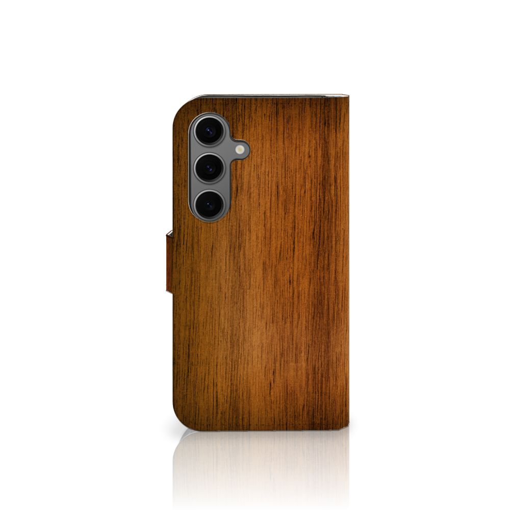 Samsung Galaxy S25 Book Style Case Donker Hout zijkant houten print