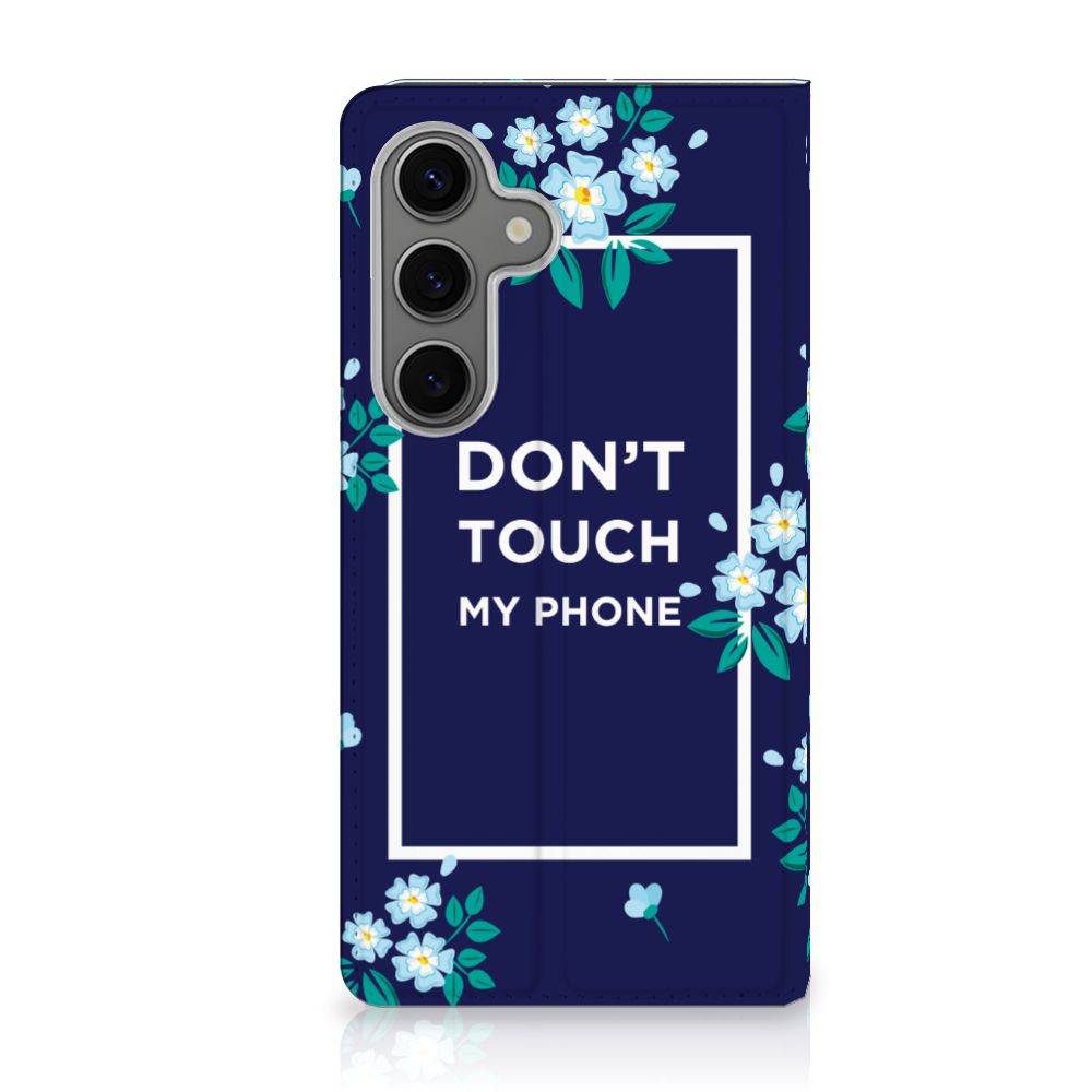 Samsung Galaxy S25 Design Case Flowers Blue DTMP voorkant met bloemen en tekst