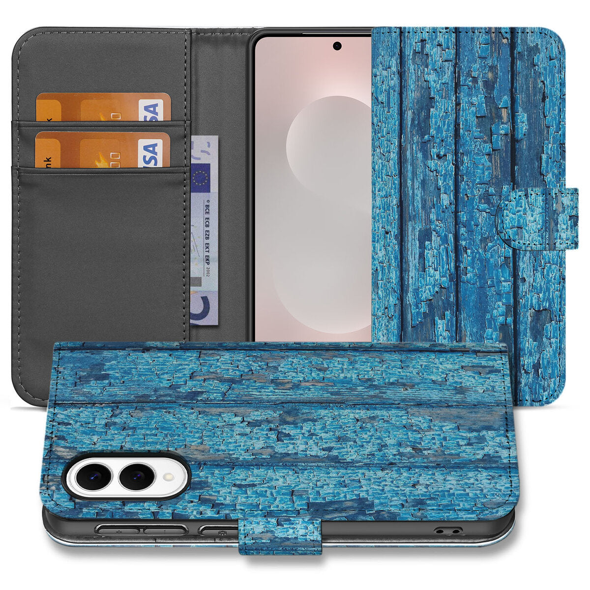 Samsung Galaxy S25 Edge Book Style Case Wood Blue book case hout blauw voorkant