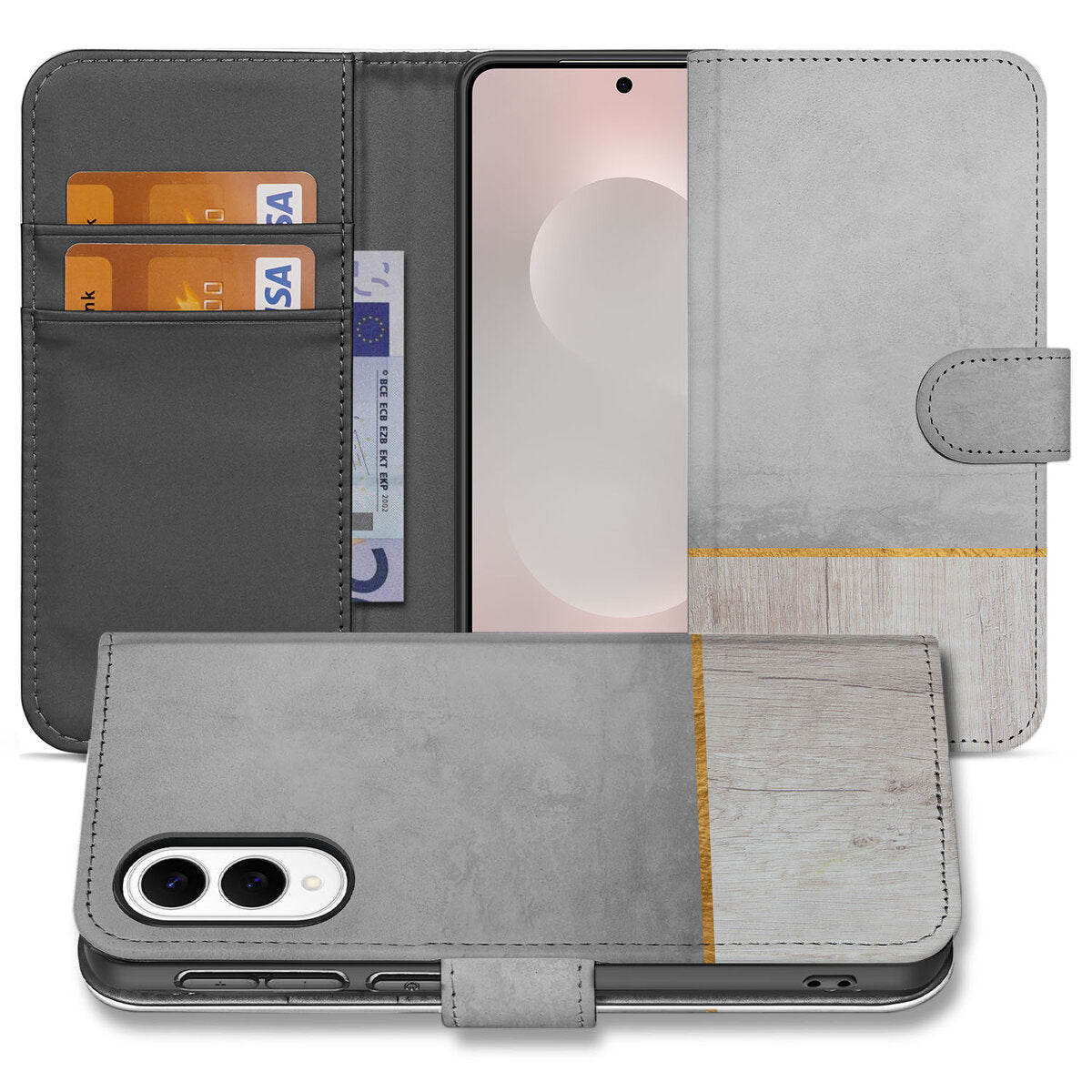 Samsung Galaxy S25 Edge Book Style Case Wood Concrete hoesje betonnen hout stijl voorkant