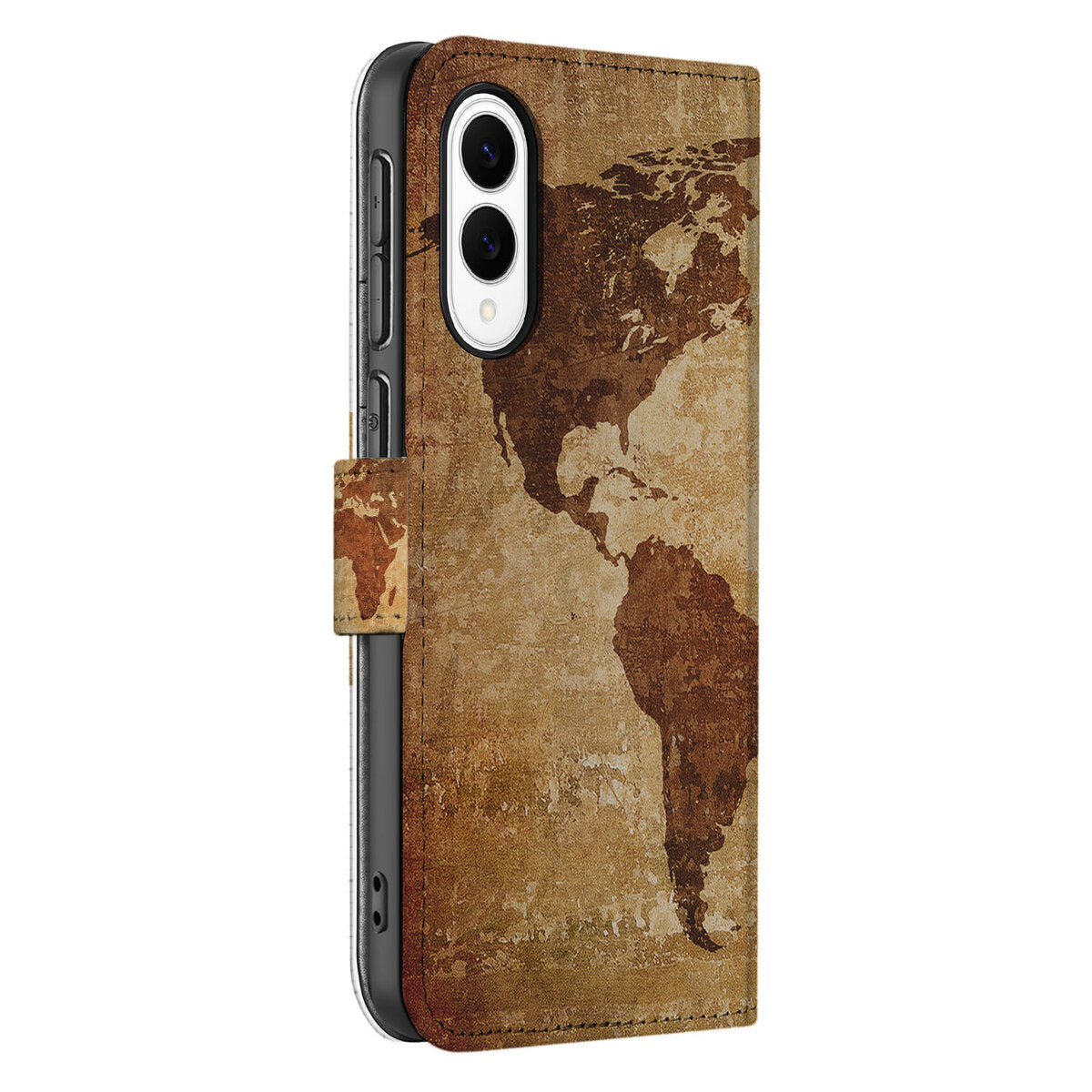 Samsung Galaxy S25 Edge Flip Cover Wereldkaart bookcase wereldkaart bruin aanzicht