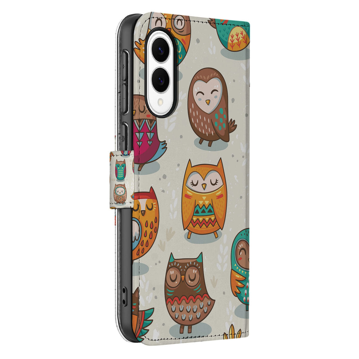 Samsung Galaxy S25 Edge Telefoonhoesje met Pasjes Vrolijke Uilen hoesje vrolijke uilen design zijkant