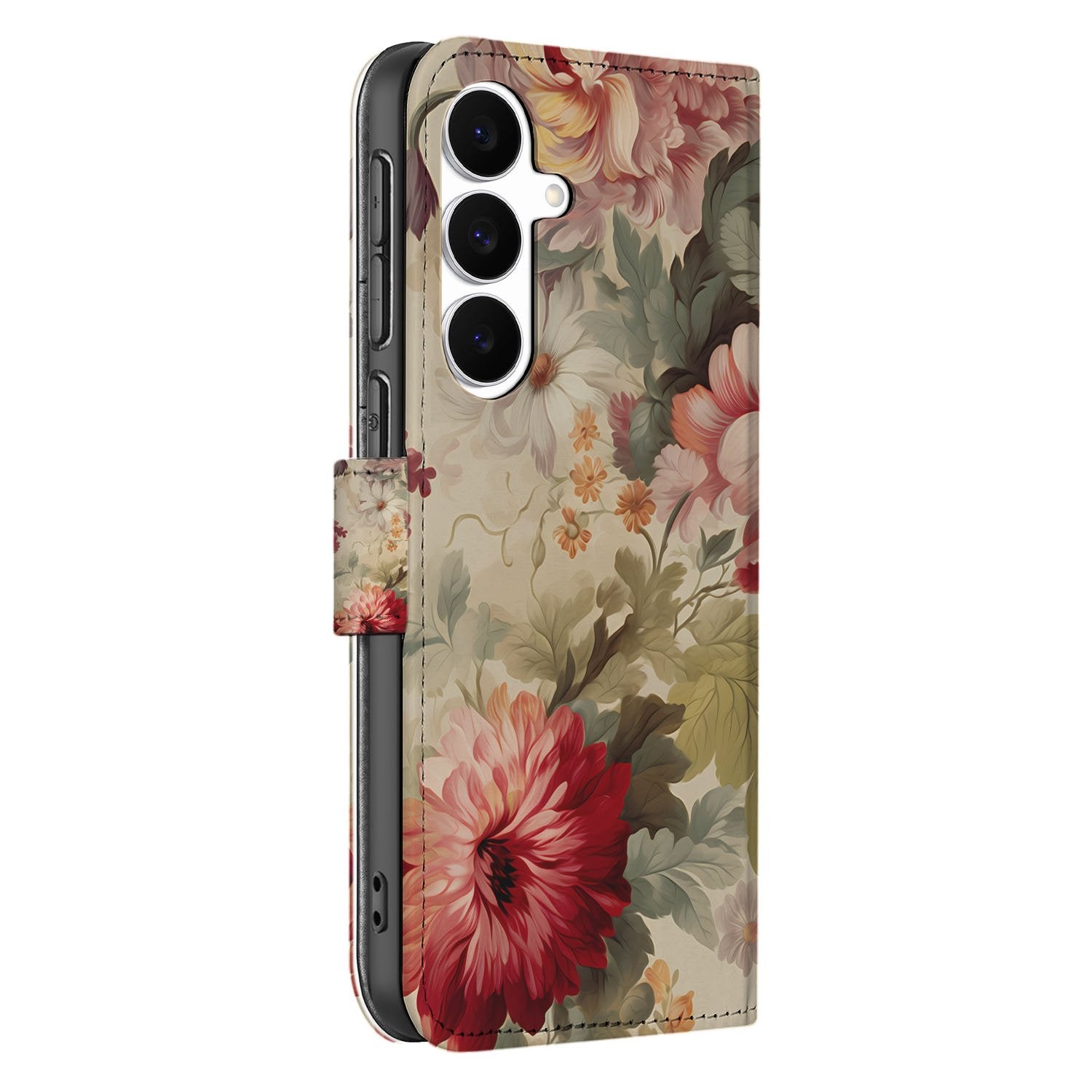 Samsung Galaxy S25 FE Bloemen Portemonnee Hoesje PU Leer 3 Pasjes boekhoesje bloemenprint zijaanzicht