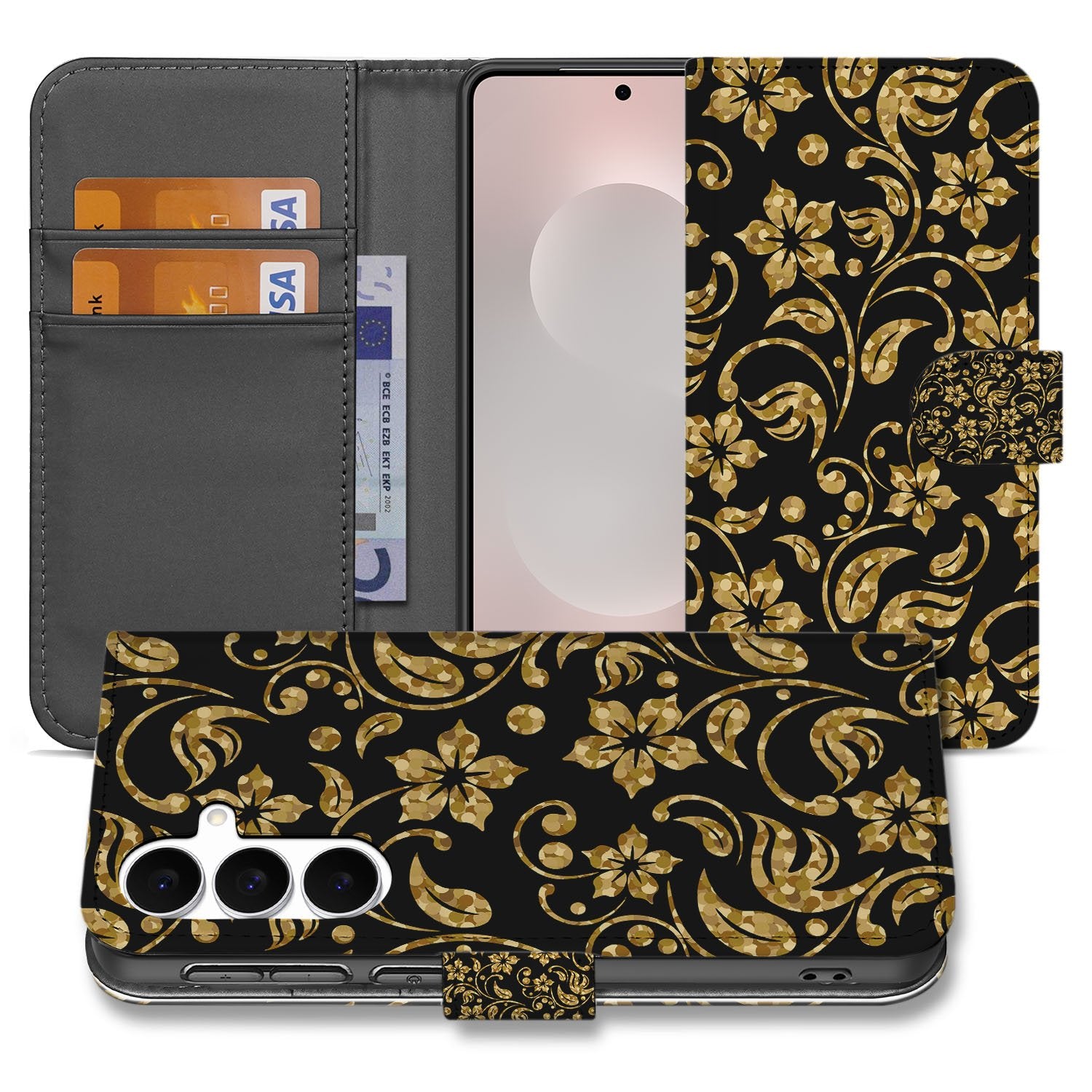 Samsung Galaxy S25 FE Boekhoes Gouden Bloemen Met Pasjesvak design gouden bloemen zwart zwart