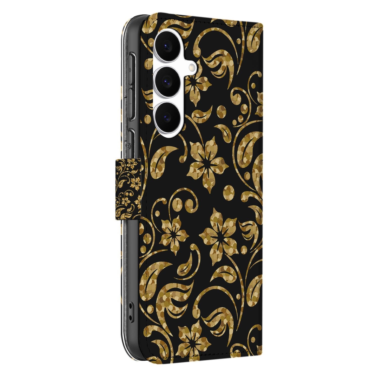 Samsung Galaxy S25 FE Boekhoes Gouden Bloemen Met Pasjesvak design gouden bloemen zwart