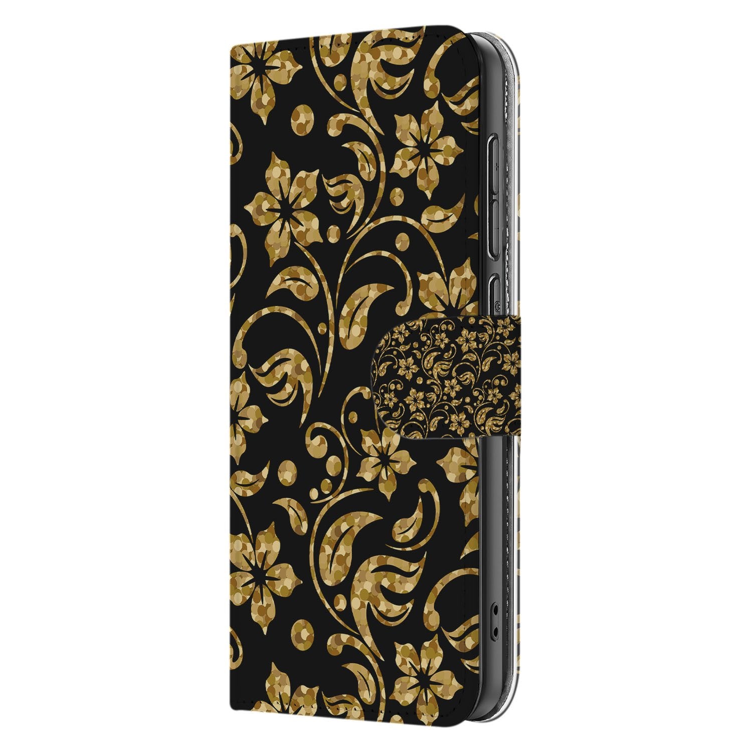 Samsung Galaxy S25 FE Boekhoes Gouden Bloemen Met Pasjesvak boekhoes gouden bloemen zwart
