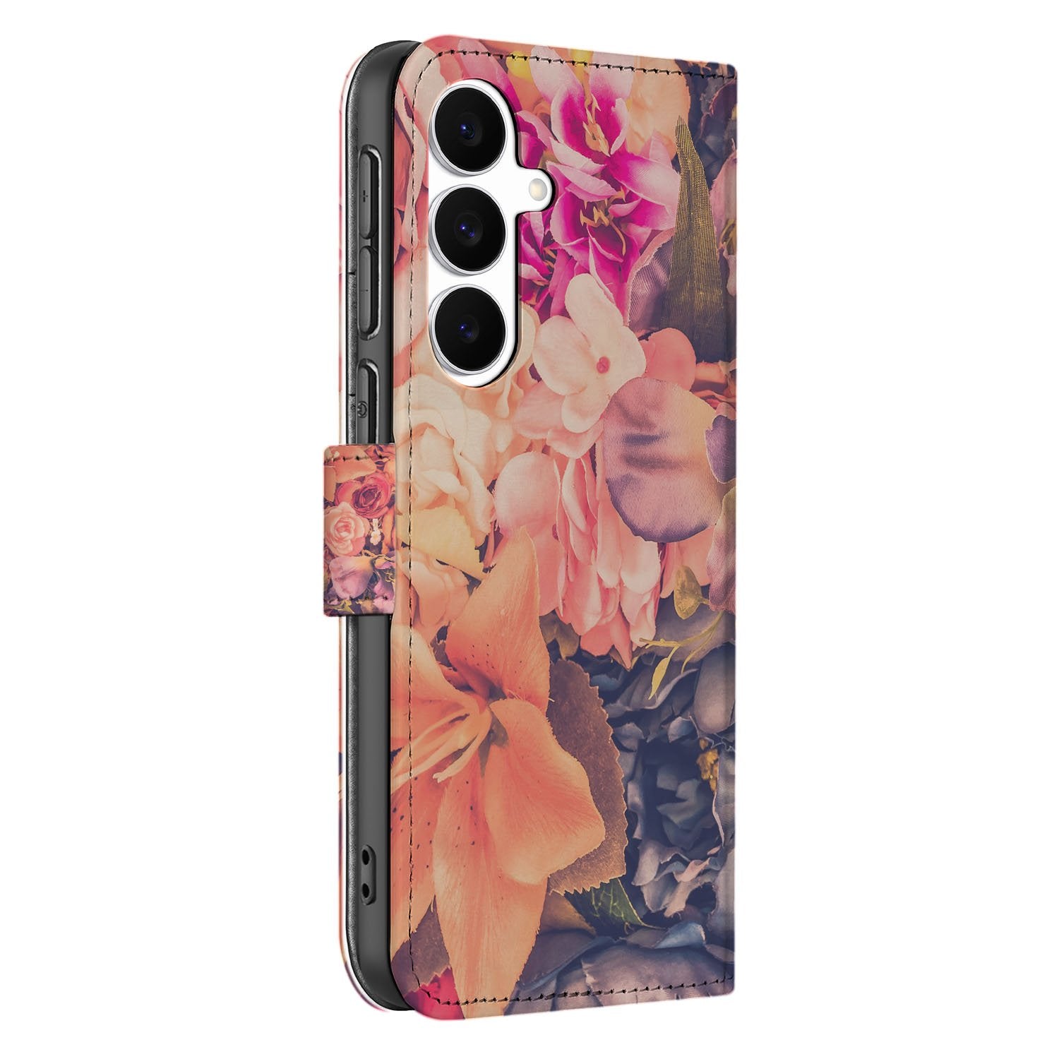 Samsung Galaxy S25 FE Boekhoesje Bloemen Met 3 Pasjes Roze Oranje Paars voorkant bloemenprint