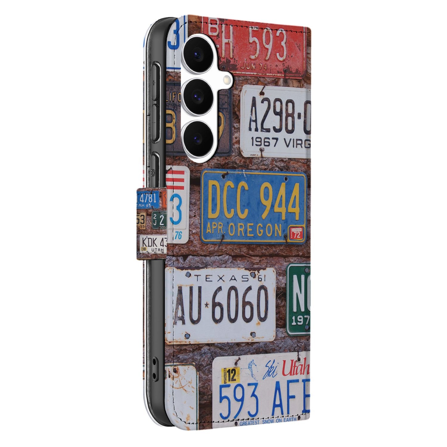 Samsung Galaxy S25 FE Boekhoesje Kentekenplaten Collage Met 3 Pasjes zijkant hoeschje kleurrijke kentekenplaten