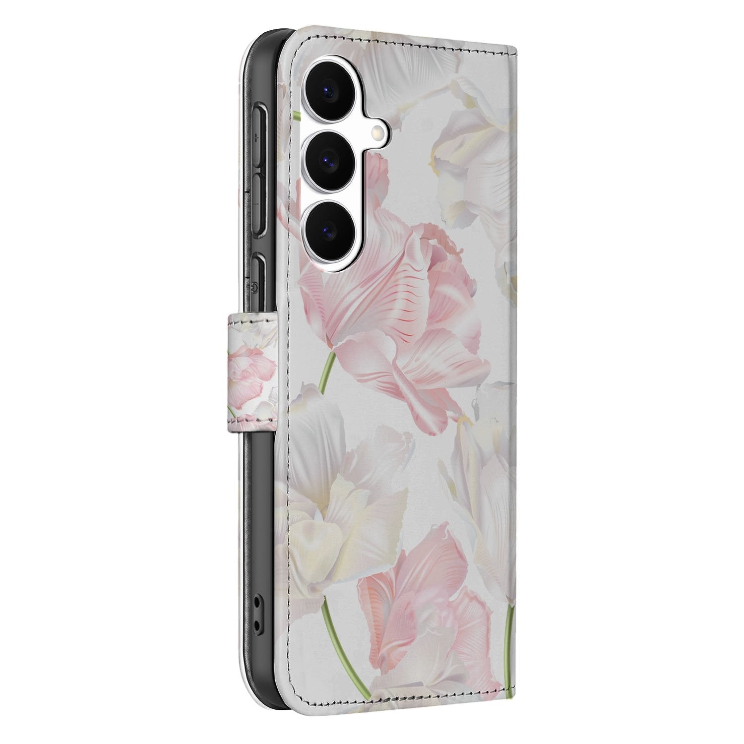 Samsung Galaxy S25 FE Boekhoesje Roze Wit Voor Galaxy S25 FE Met Magneet Met Pasjesvak Lovely Flowers zijkant