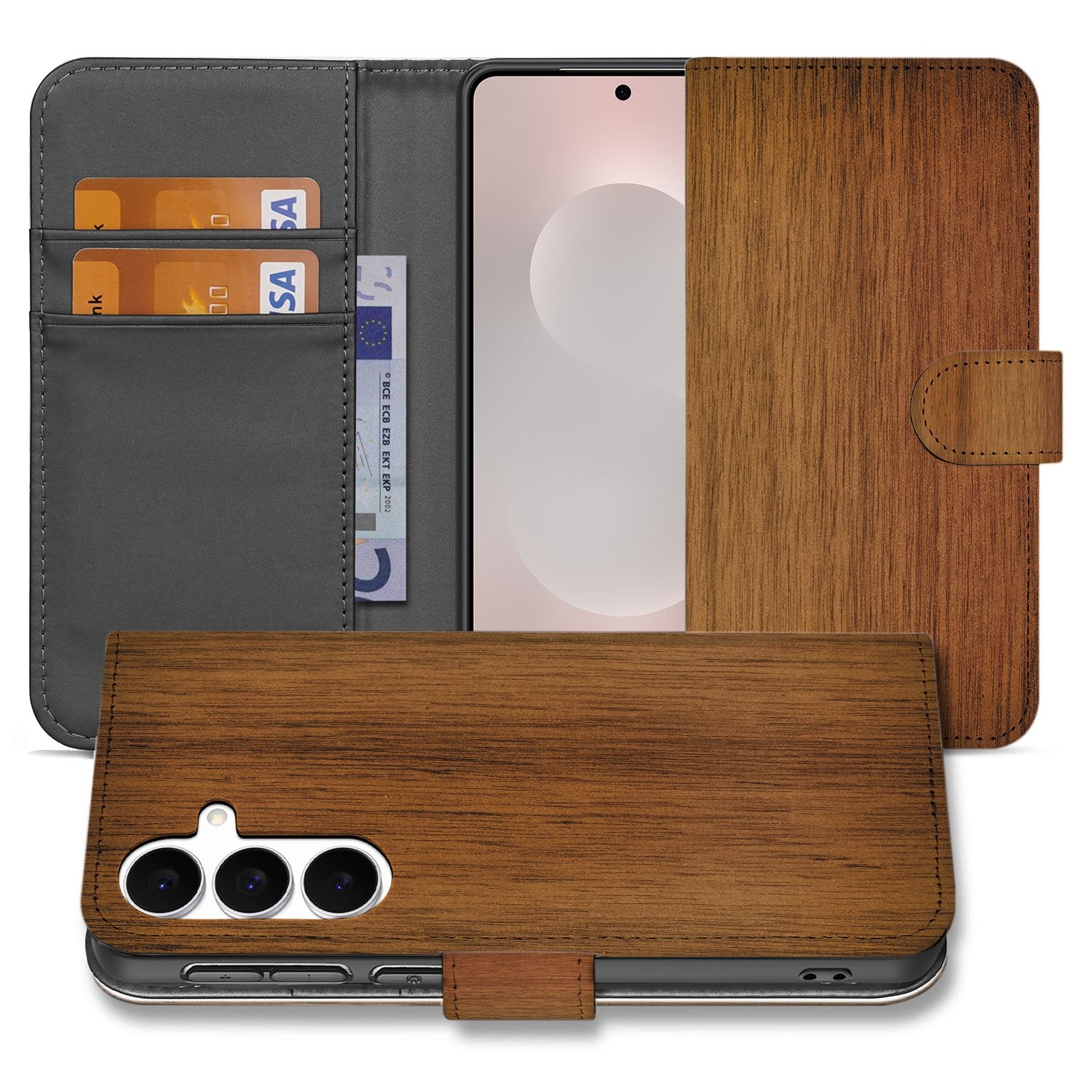 Samsung Galaxy S25 FE Book Case Donker Hout Met Pasjeshouder bookcase donker hout design aanzicht