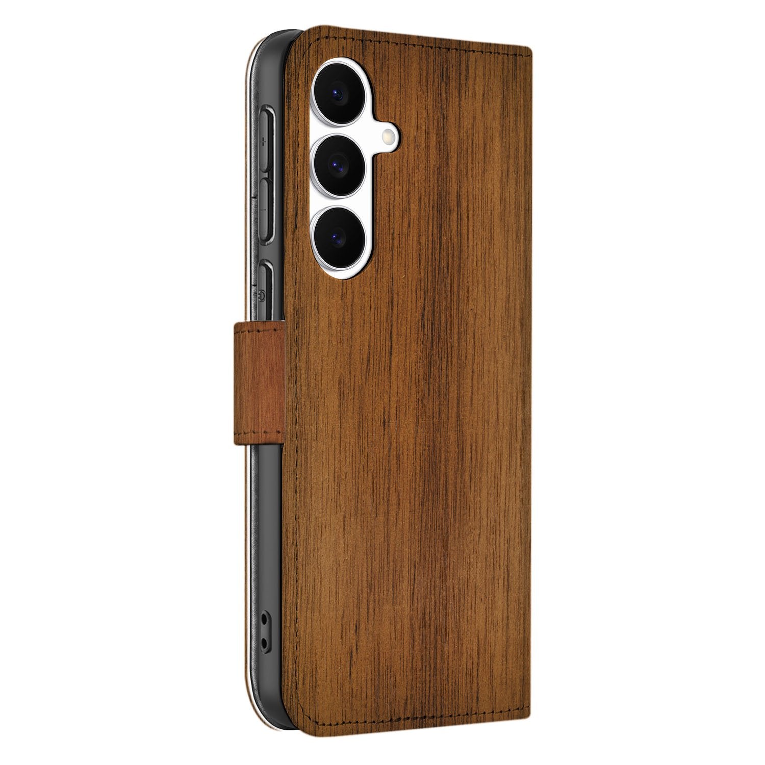 Samsung Galaxy S25 FE Book Case Donker Hout Met Pasjeshouder bookcase donker hout zijkant