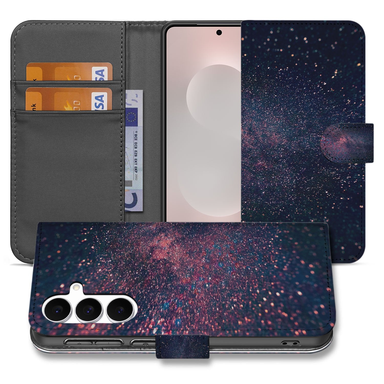 Samsung Galaxy S25 FE Book Case Stars Paars Blauw Glitter Hoesje Met 3 Pasjes designnaam aanzicht
