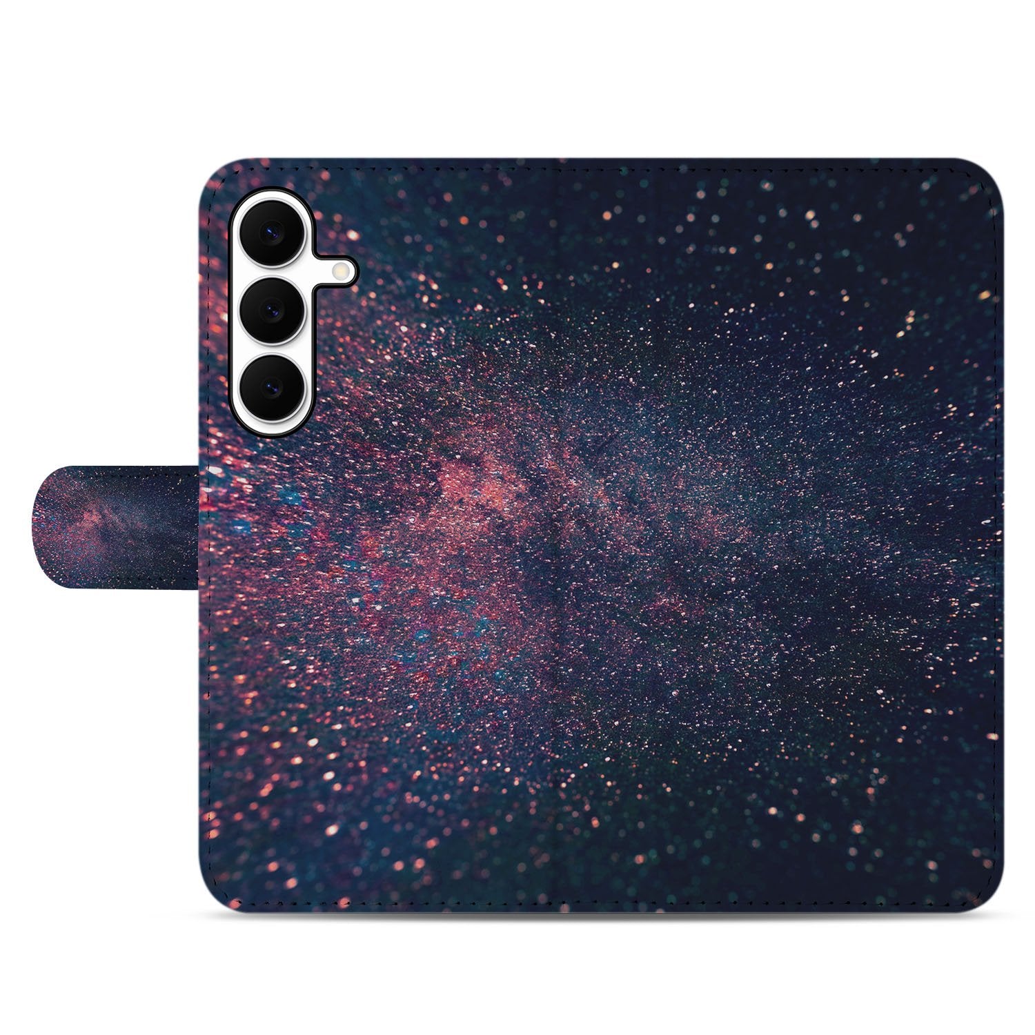 Samsung Galaxy S25 FE Book Case Stars Paars Blauw Glitter Hoesje Met 3 Pasjes designnaam voorkant