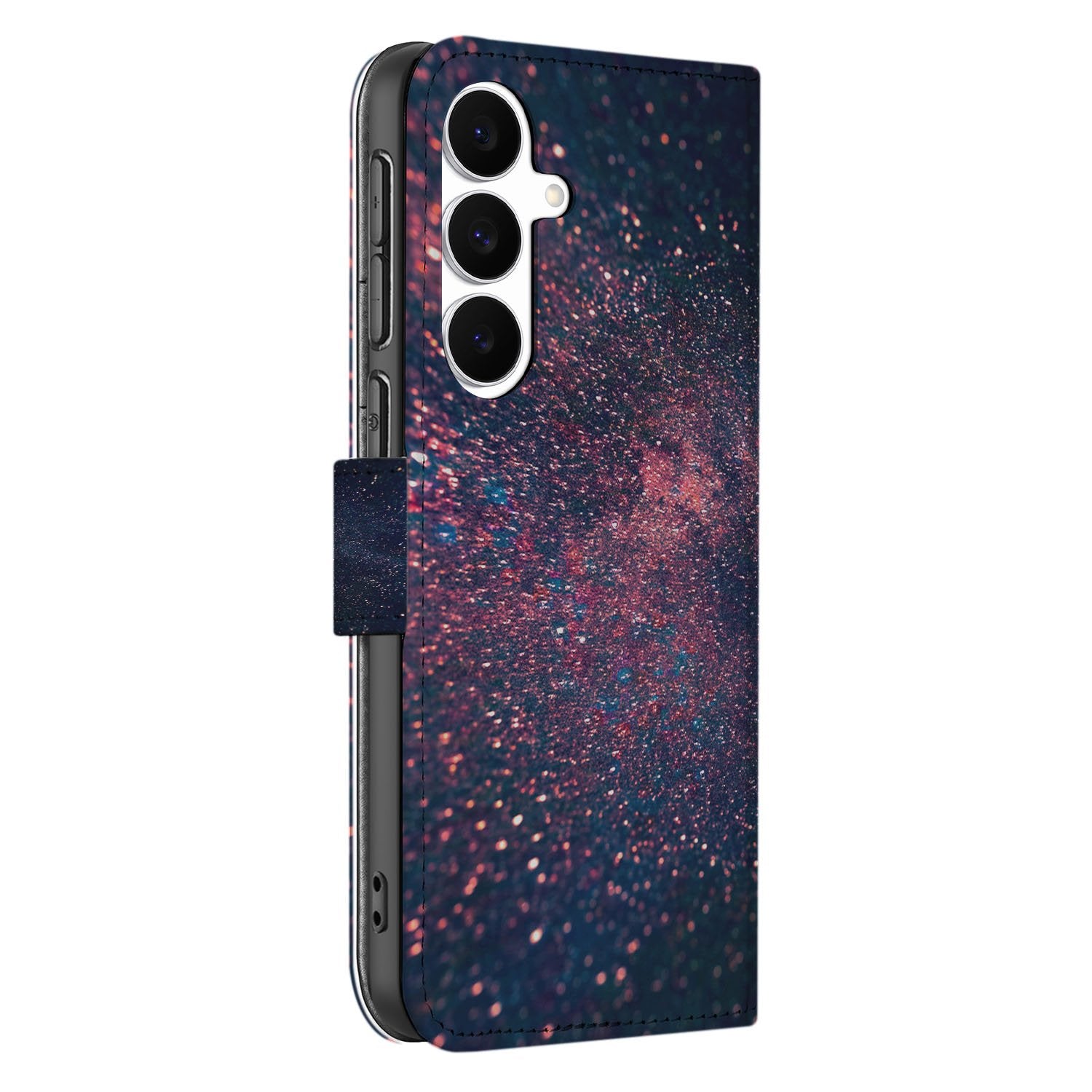 Samsung Galaxy S25 FE Book Case Stars Paars Blauw Glitter Hoesje Met 3 Pasjes boekhoesje aanzicht
