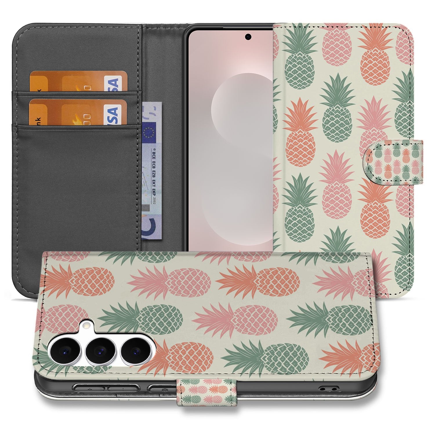 Samsung Galaxy S25 FE Book Cover Ananas Roze Rood Groen Met Pasjes bookcase ananasprint open voorkant