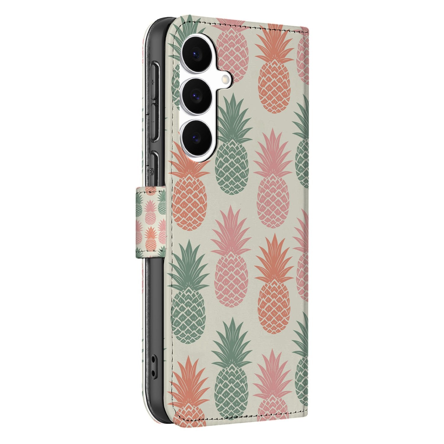 Samsung Galaxy S25 FE Book Cover Ananas Roze Rood Groen Met Pasjes bookcase ananasprint zijaanzicht