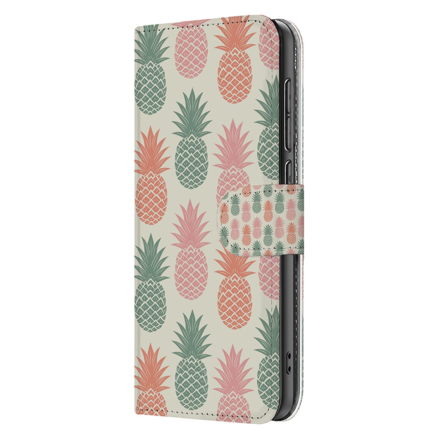 Samsung Galaxy S25 FE Book Cover Ananas Roze Rood Groen Met Pasjes bookcase ananasprint zijaanzicht