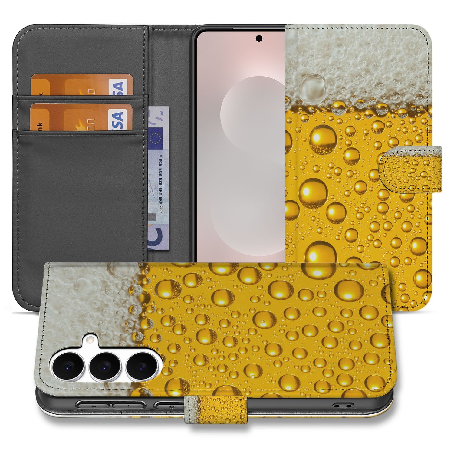 Samsung Galaxy S25 FE Book Cover Met Bier Print En Magnetische Sluiting bier print geel wit binnenzijde open
