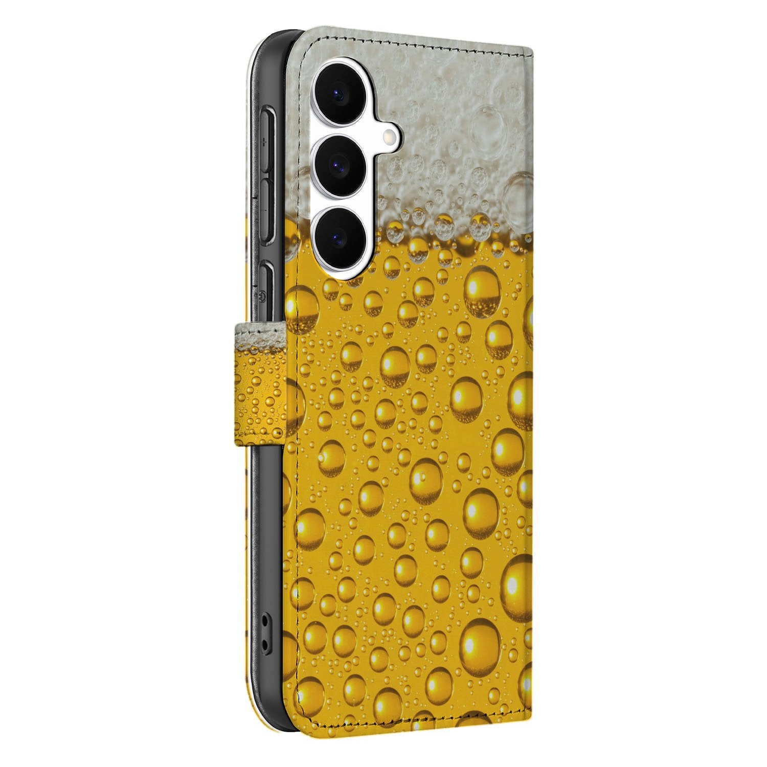 Samsung Galaxy S25 FE Book Cover Met Bier Print En Magnetische Sluiting bierprint geel wit zijaanzicht