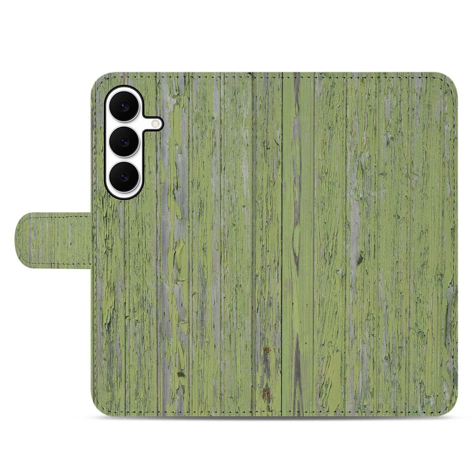 Samsung Galaxy S25 FE Book Style Case Green Wood bookcase groen houtnerf aanzicht