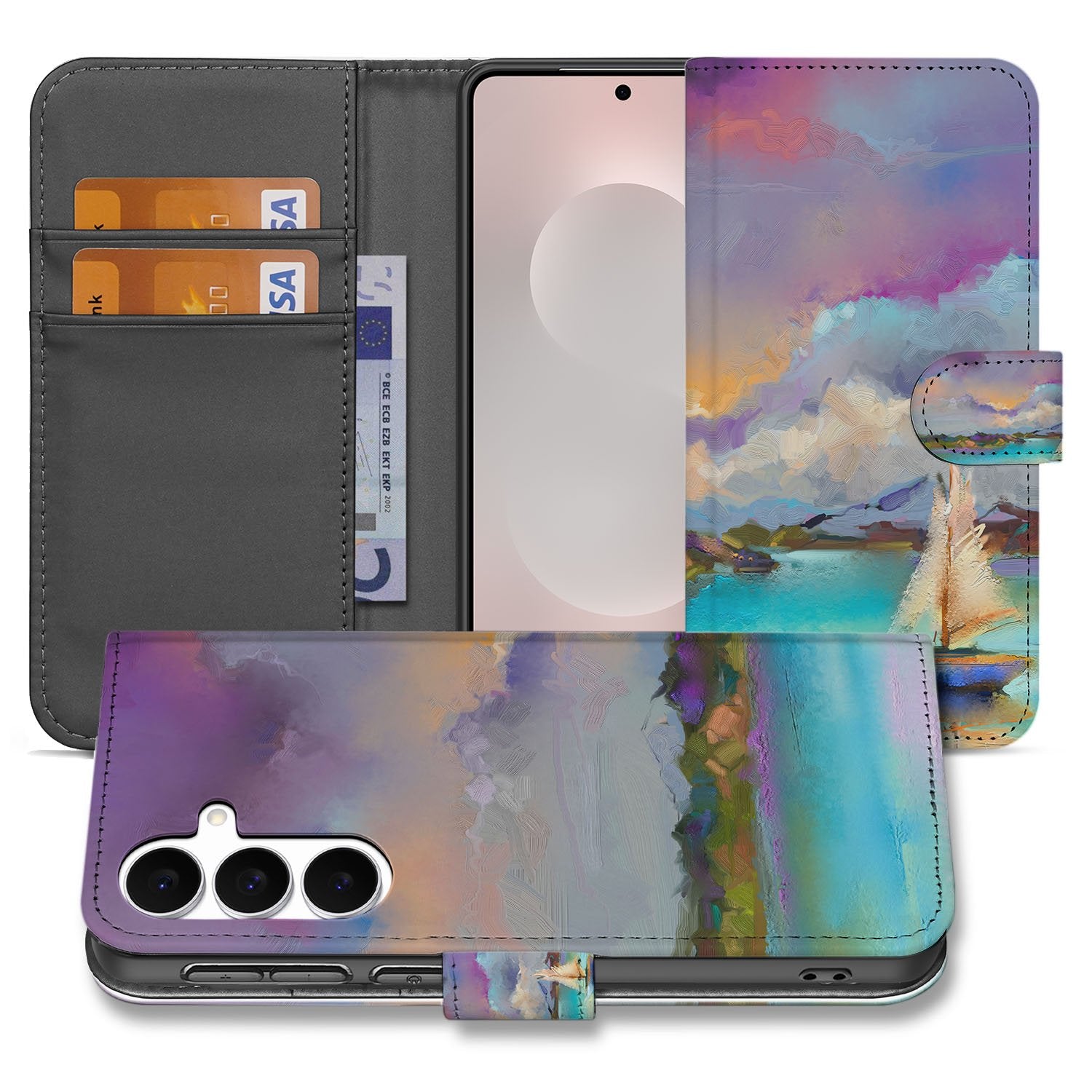 Samsung Galaxy S25 FE Bookcase Hoes Kunstleer Paars Blauw Groen design bootdesign aanzicht