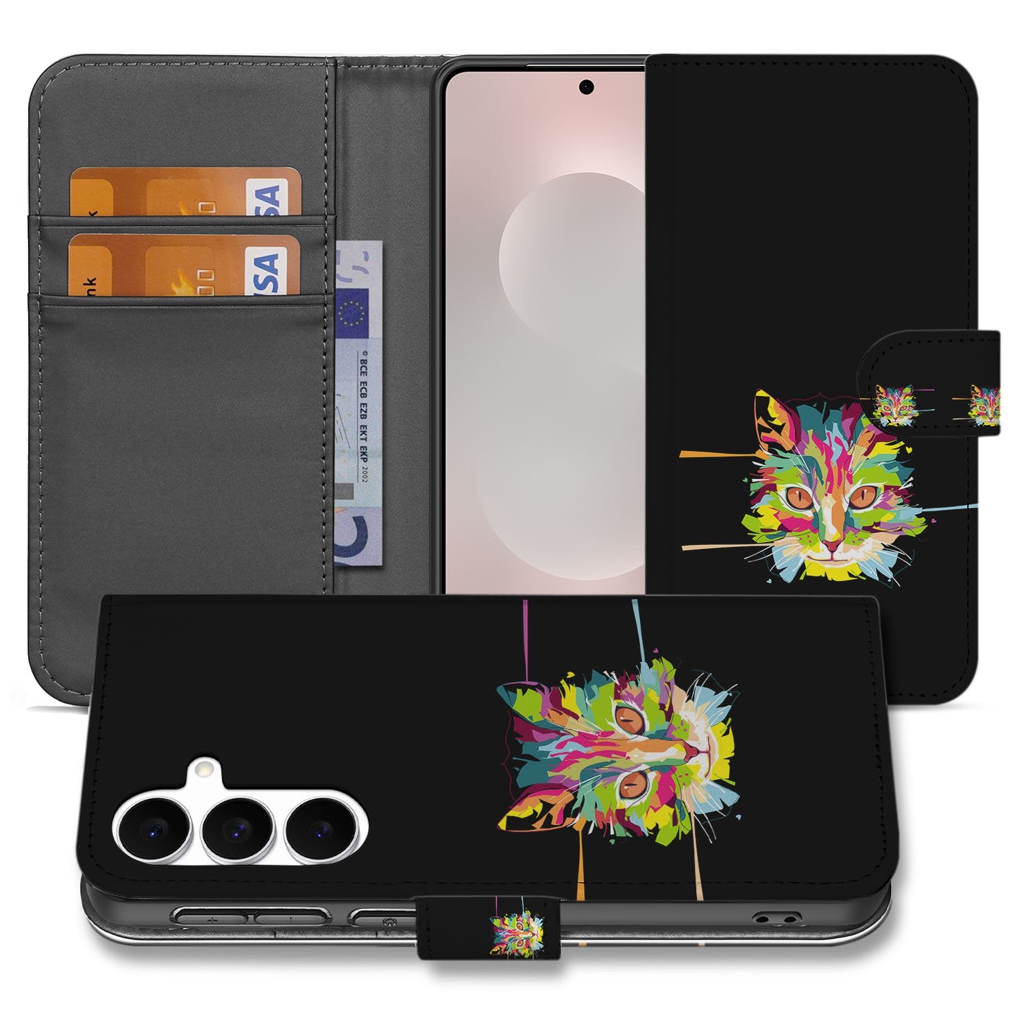 Samsung Galaxy S25 FE Bookcase Hoesje Cat Color Met Magnetische Sluiting bookcase kattenprint zwart vooraanzicht