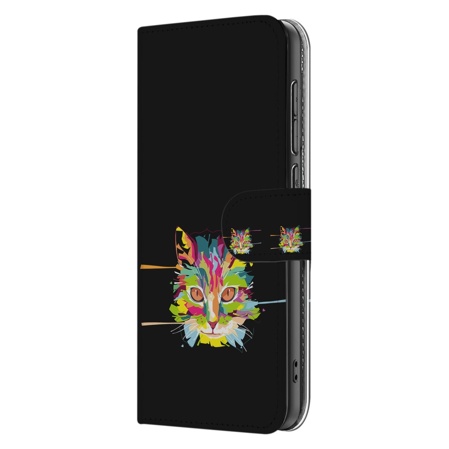 Samsung Galaxy S25 FE Bookcase Hoesje Cat Color Met Magnetische Sluiting kattenprint zwart zijaanzicht