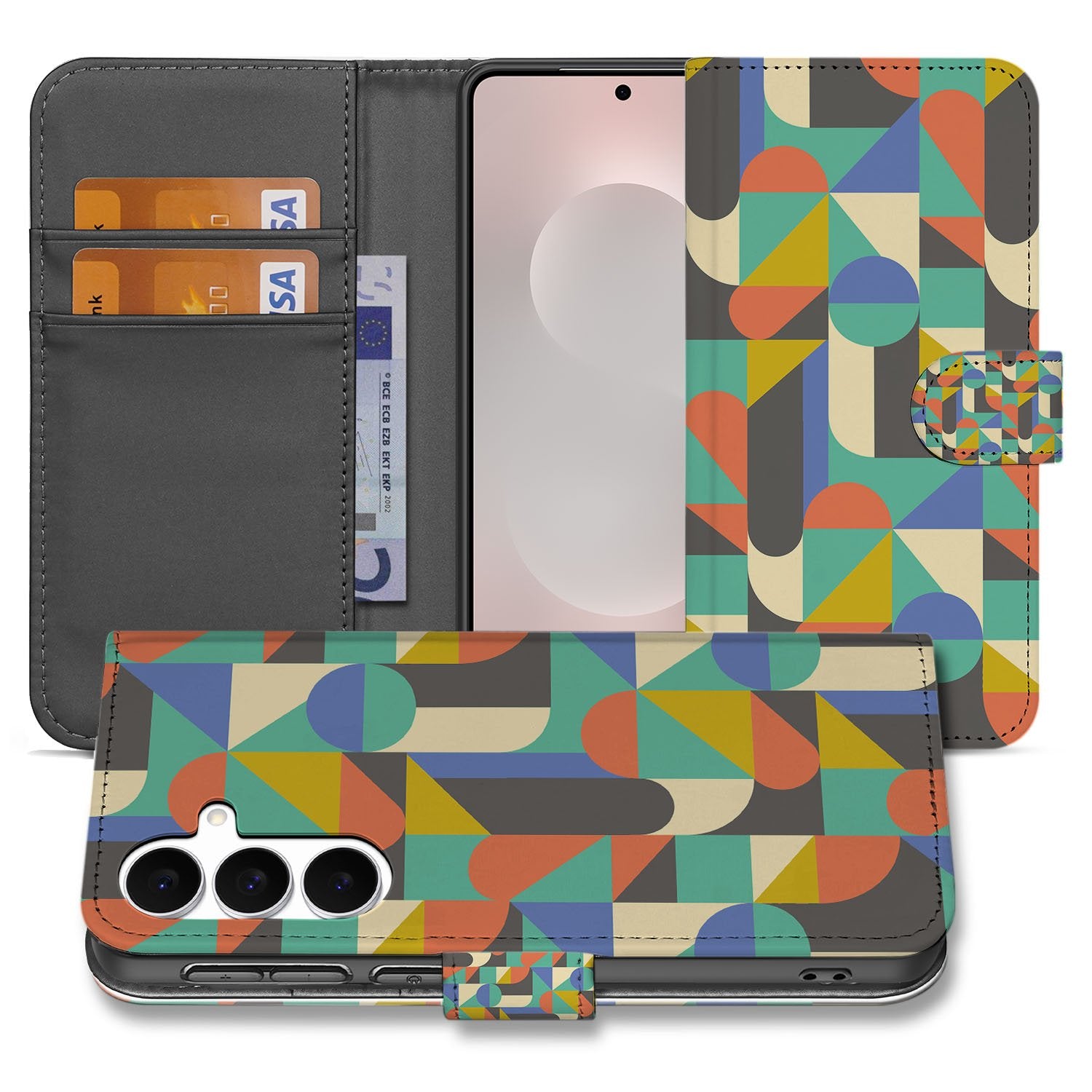 Samsung Galaxy S25 FE Bookcase Hoesje Funky Retro Pasjes kunstleer boekcase hoesje geometrisch design voorkant