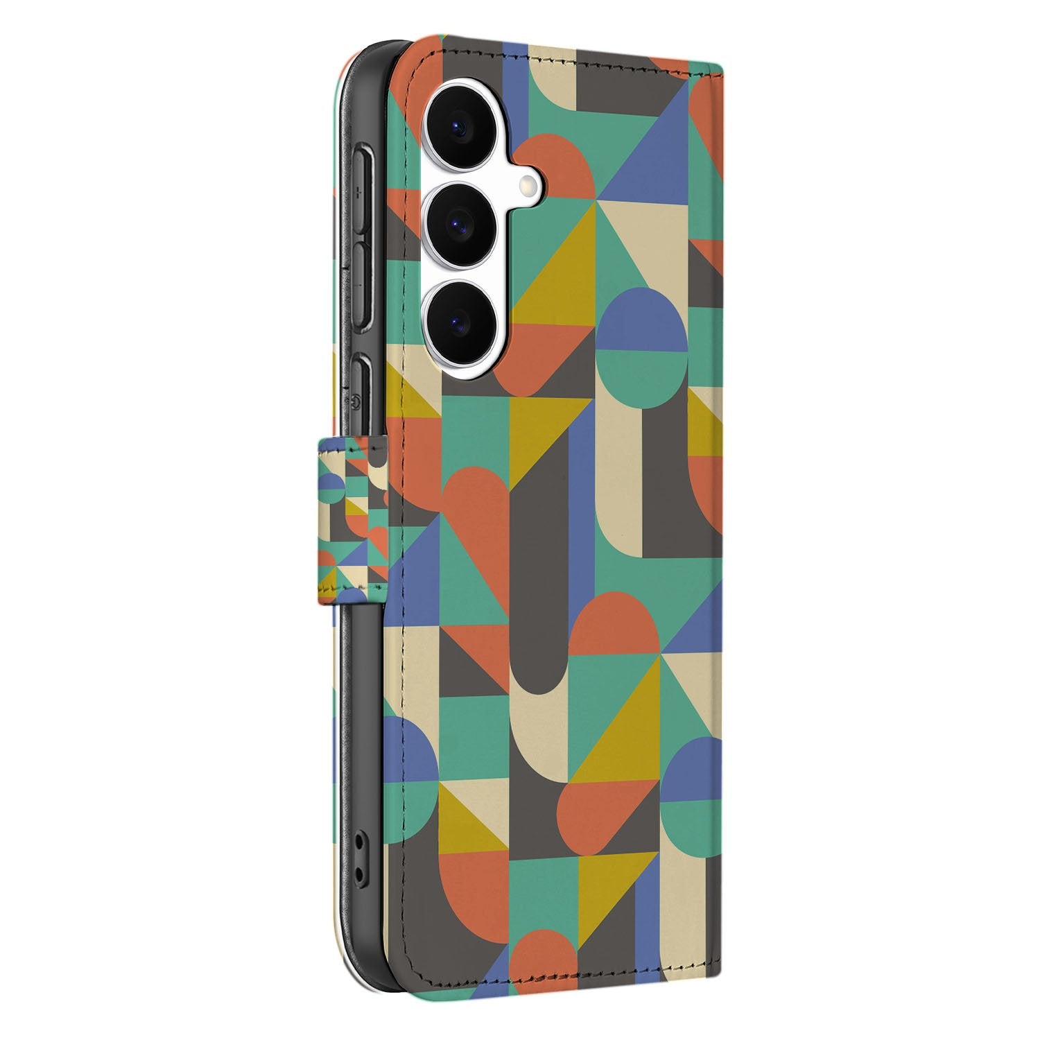 Samsung Galaxy S25 FE Bookcase Hoesje Funky Retro Pasjes Kunstleer design geometrisch aanzicht