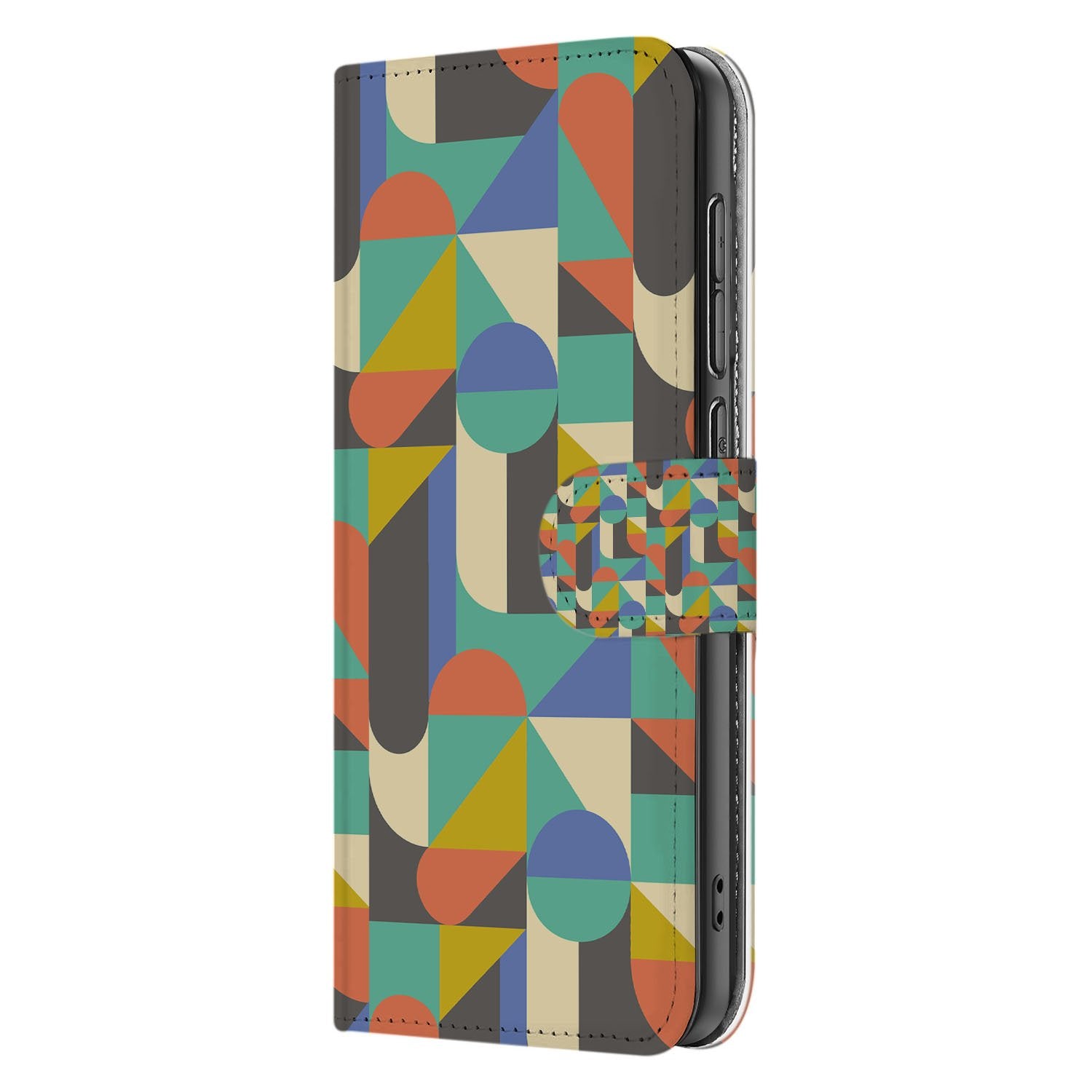 Samsung Galaxy S25 FE Bookcase Hoesje Funky Retro Pasjes Kunstleer designkleurig geometrisch aanzicht