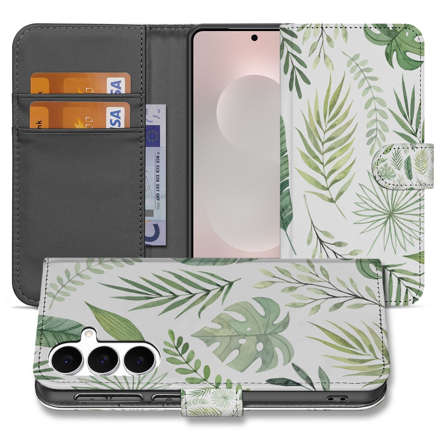 Samsung Galaxy S25 FE Bookcase Hoesje Leaves Lichtgroen Wit Met 3 Pasjes ontwerp bladprint aanzicht