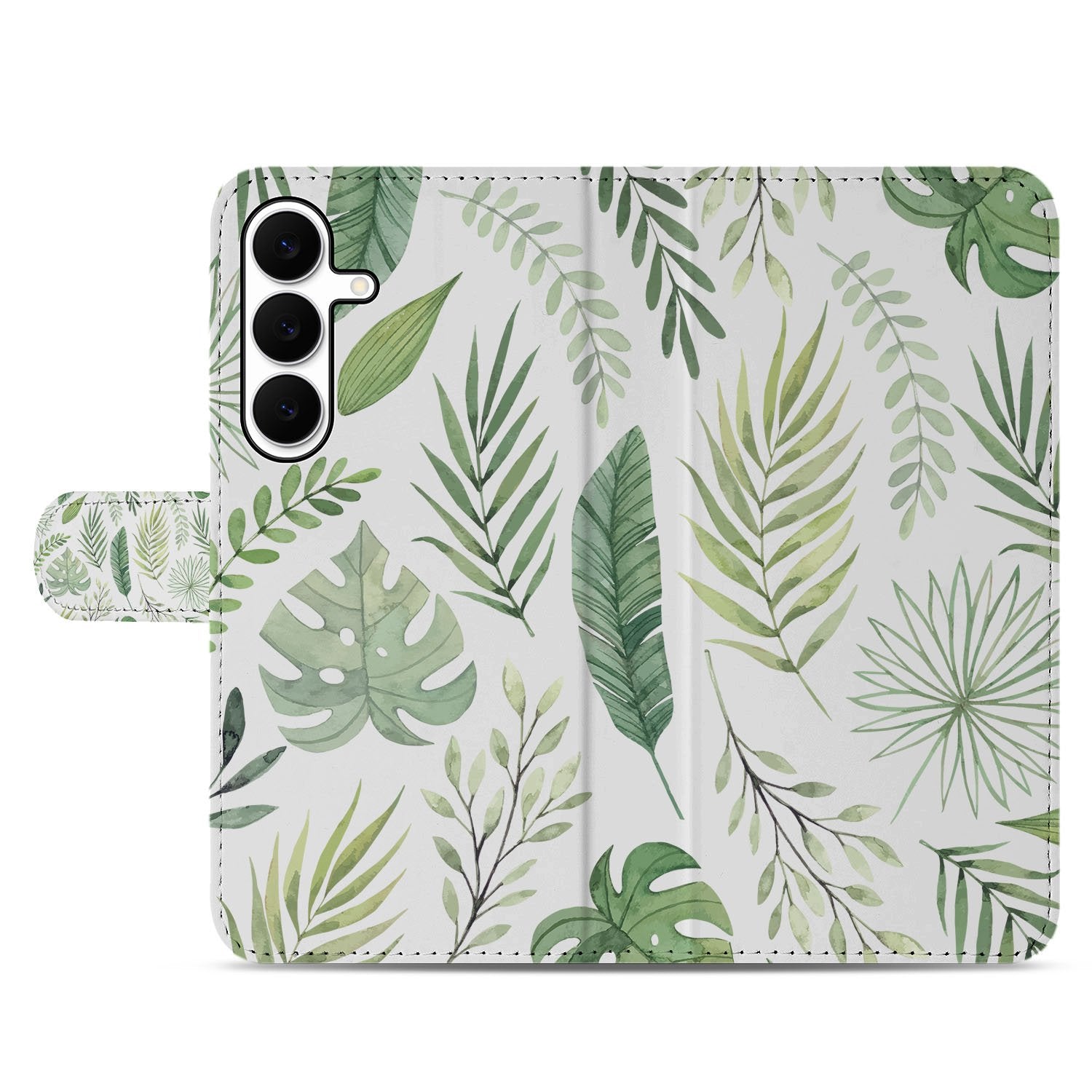 Samsung Galaxy S25 FE Bookcase Hoesje Leaves Lichtgroen Wit Met 3 Pasjes boekhoesje bladprint voorkant