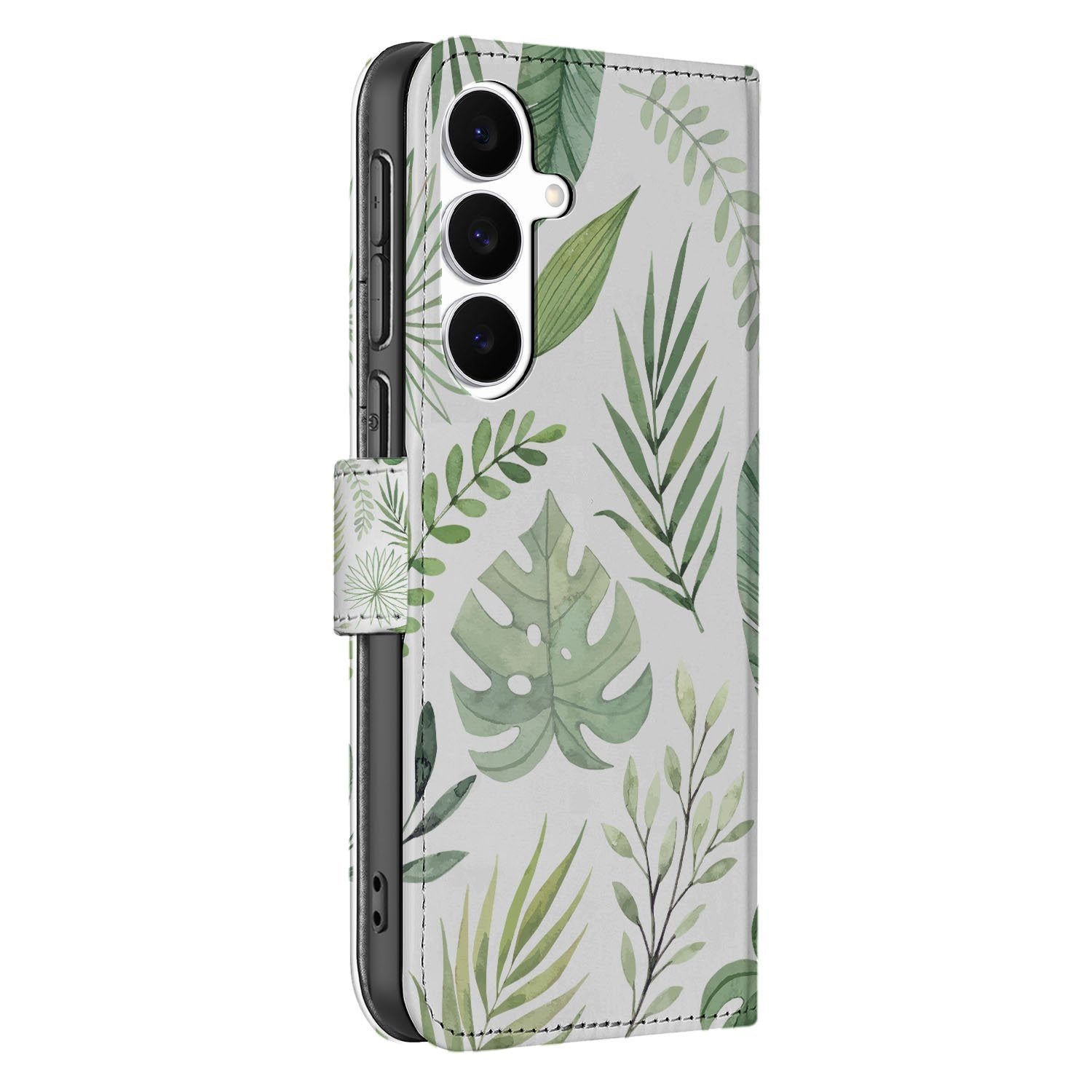 Samsung Galaxy S25 FE Bookcase Hoesje Leaves Lichtgroen Wit Met 3 Pasjes designbladprint aanzicht