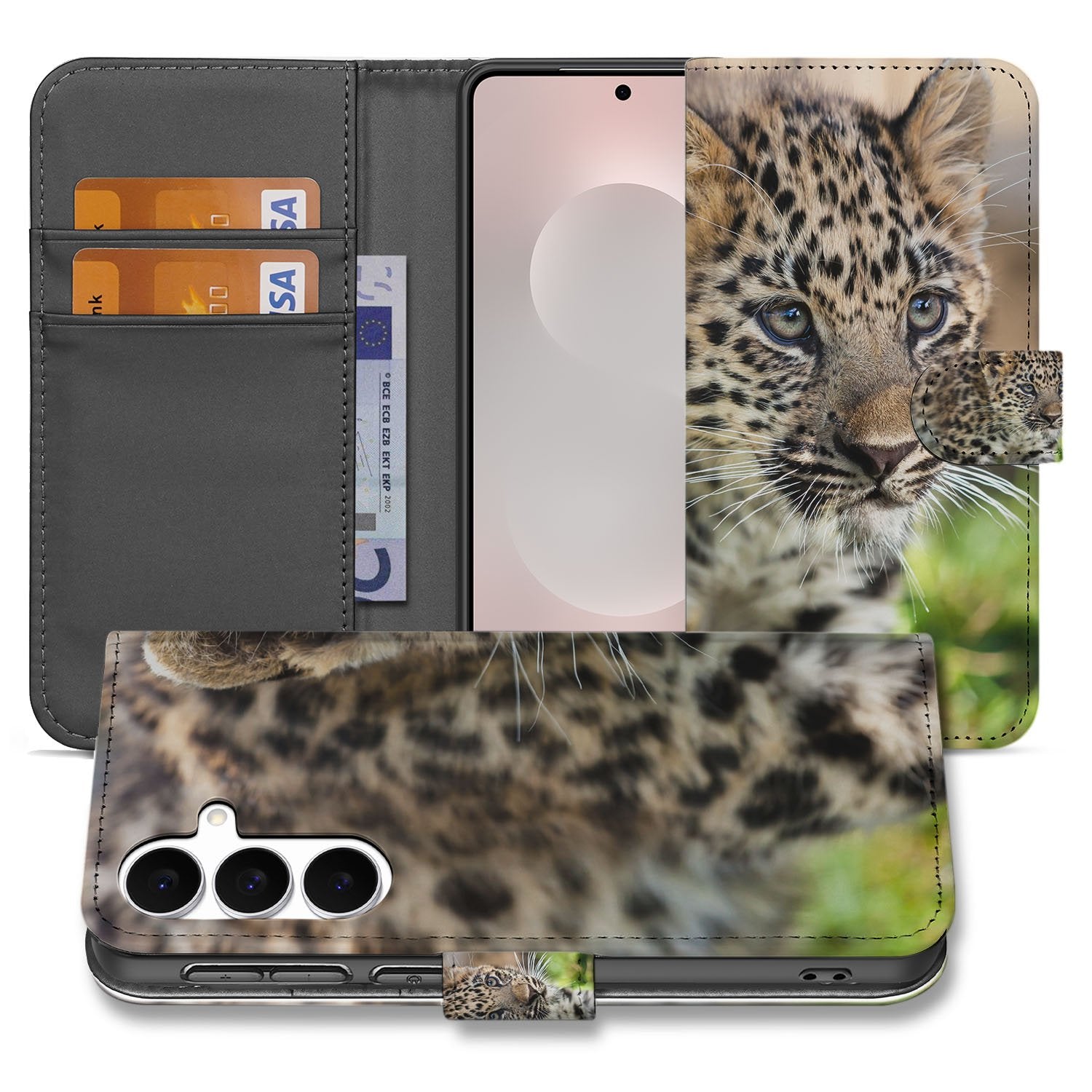 Samsung Galaxy S25 FE Bookcase Hoesje Met Pasjes Baby Luipaard inwendig design met baby luipaard aanzicht