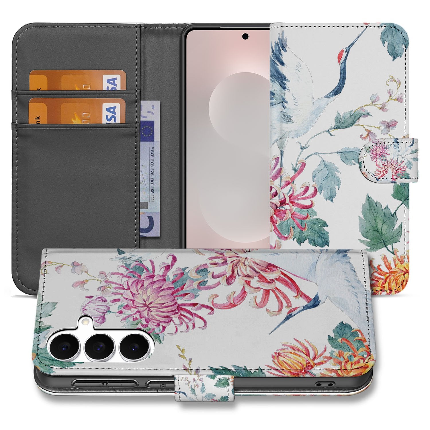 Samsung Galaxy S25 FE Bookcase Hoesje Met Pasjes Bird Flowers Print designnaam voorkant