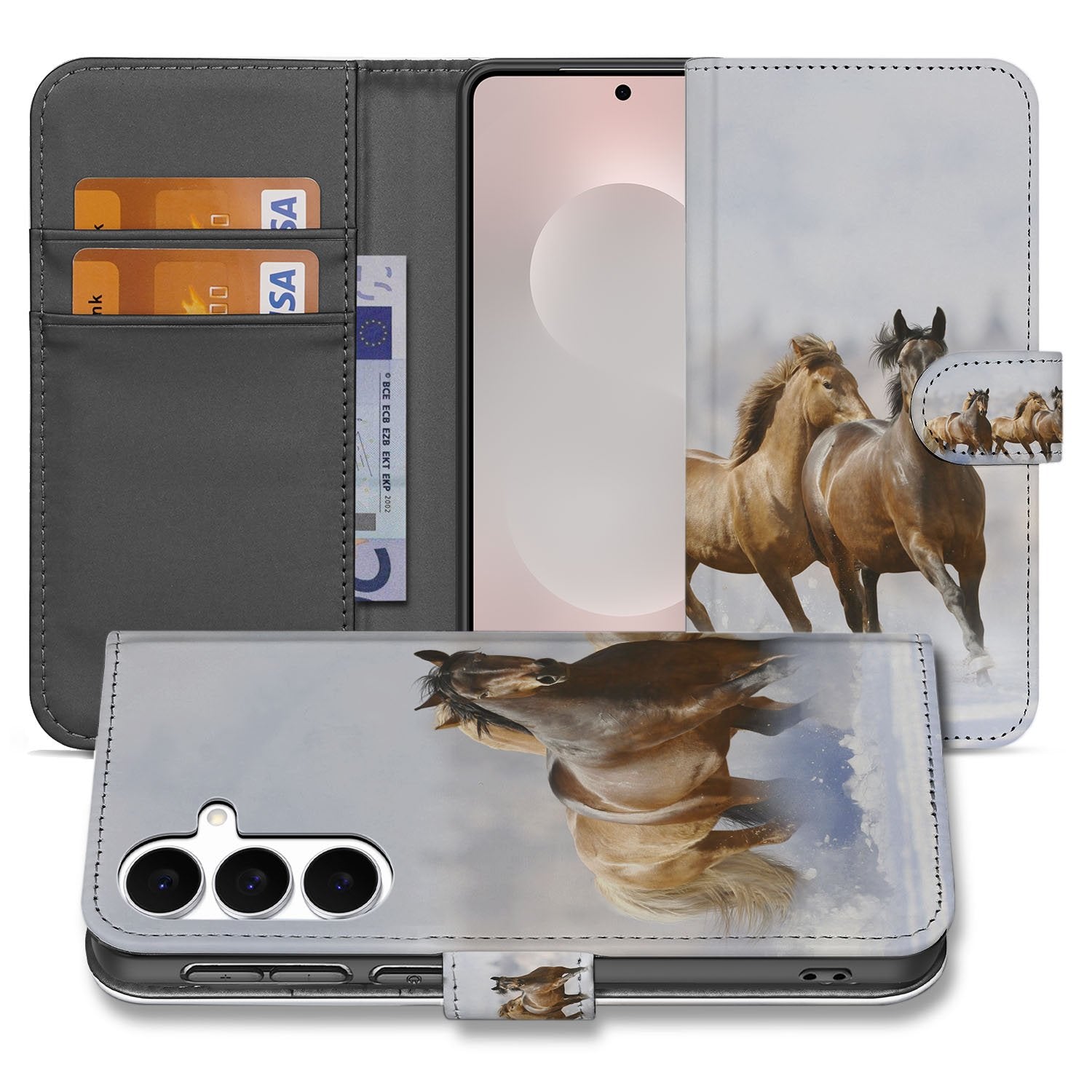 Samsung Galaxy S25 FE Bookcase Hoesje Met Pasjes En Magneetsluiting Paarden design paardenmotief aanzicht voorkant