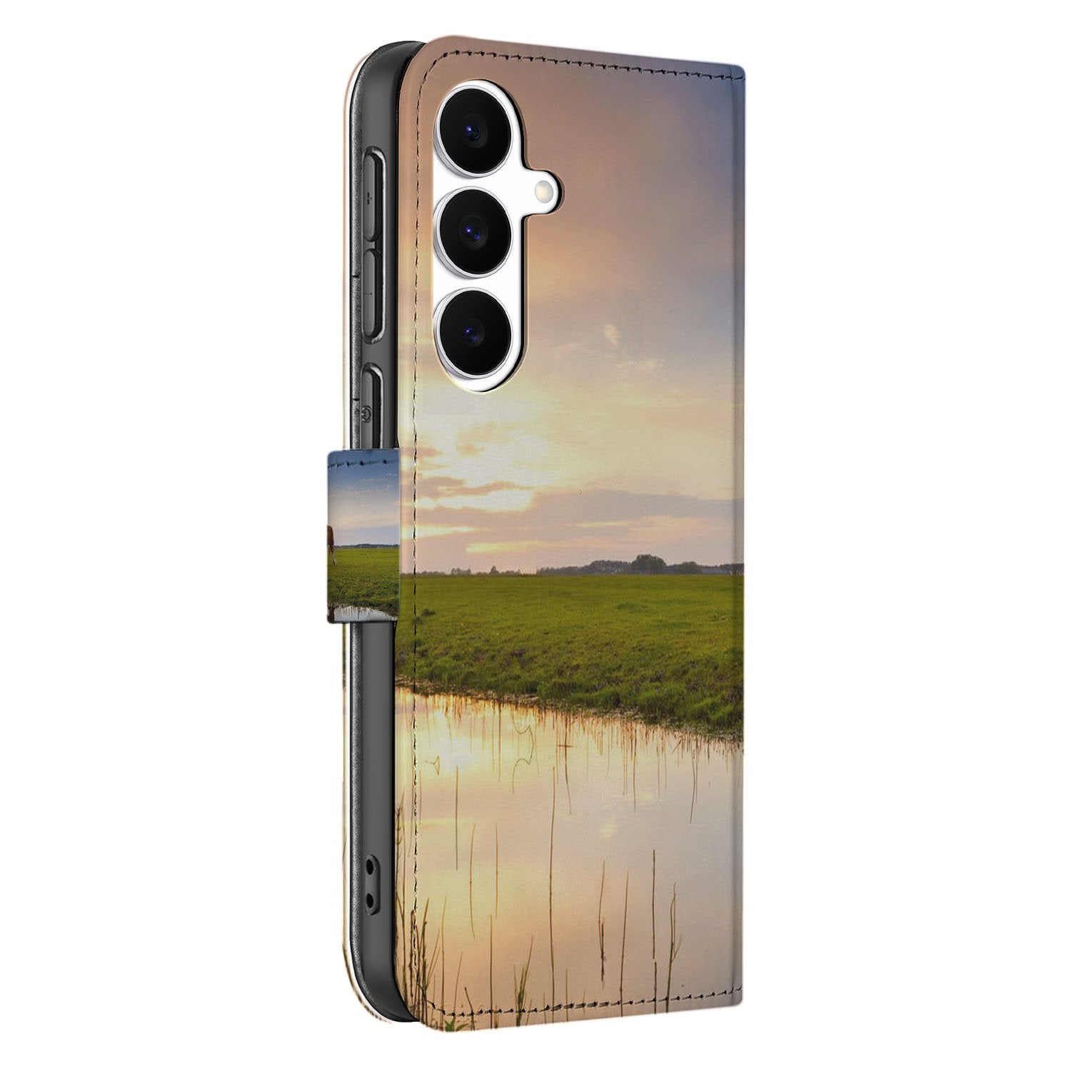 Samsung Galaxy S25 FE Bookcase Hoesje Met Pasjes Koeienprint foto zijkant natuur landschap