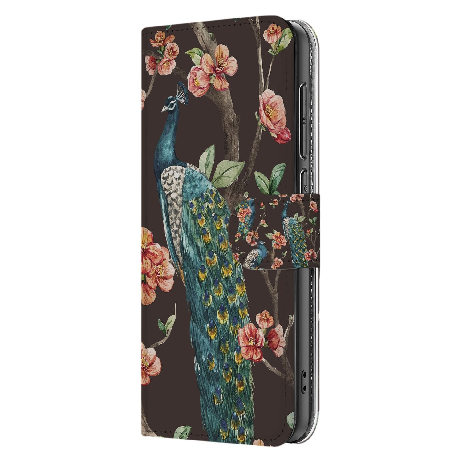 Samsung Galaxy S25 FE Bookcase Hoesje Met Pasjes Pauw Bloemen Print zijkant kleurdesign
