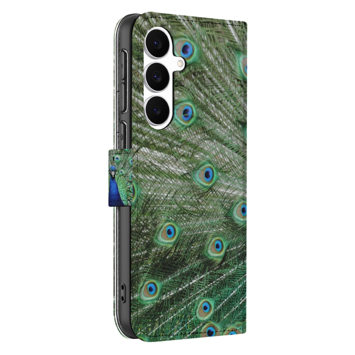 Samsung Galaxy S25 FE Bookcase Hoesje Met Pauwprint En Pasjes pauwprint bookcase hoesje zijaanzicht