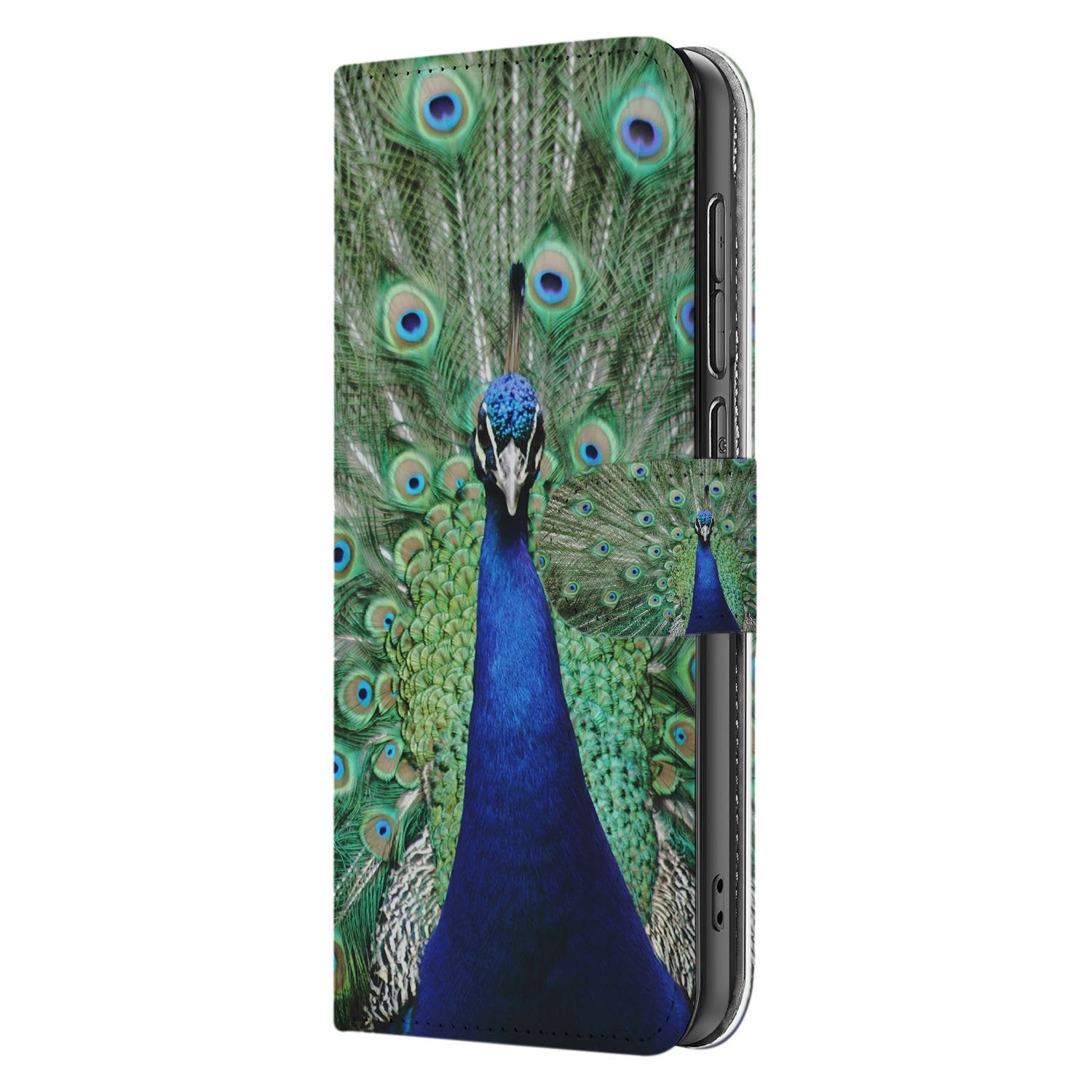Samsung Galaxy S25 FE Bookcase Hoesje Met Pauwprint En Pasjes pauwprint zijaanzicht