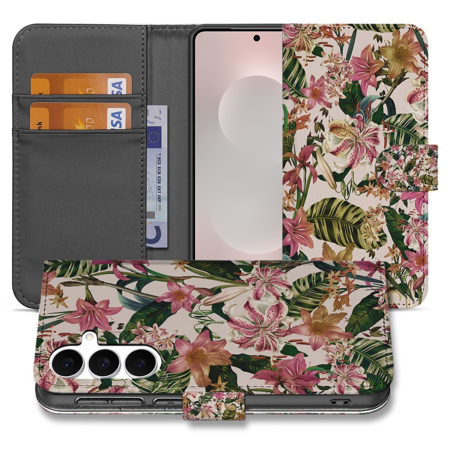 Samsung Galaxy S25 FE Bookcase Hoesje Paars Wit Flowers Met Pasjesvak designnaam bloemenprint aanzicht