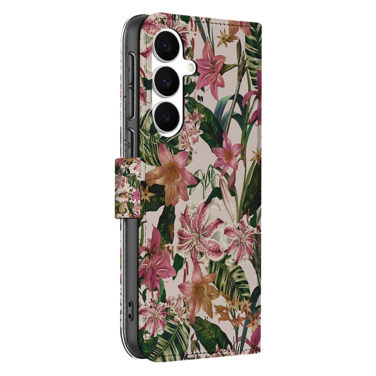 Samsung Galaxy S25 FE Bookcase Hoesje Paars Wit Flowers Met Pasjesvak Bookcase Flowers print zijaanzicht
