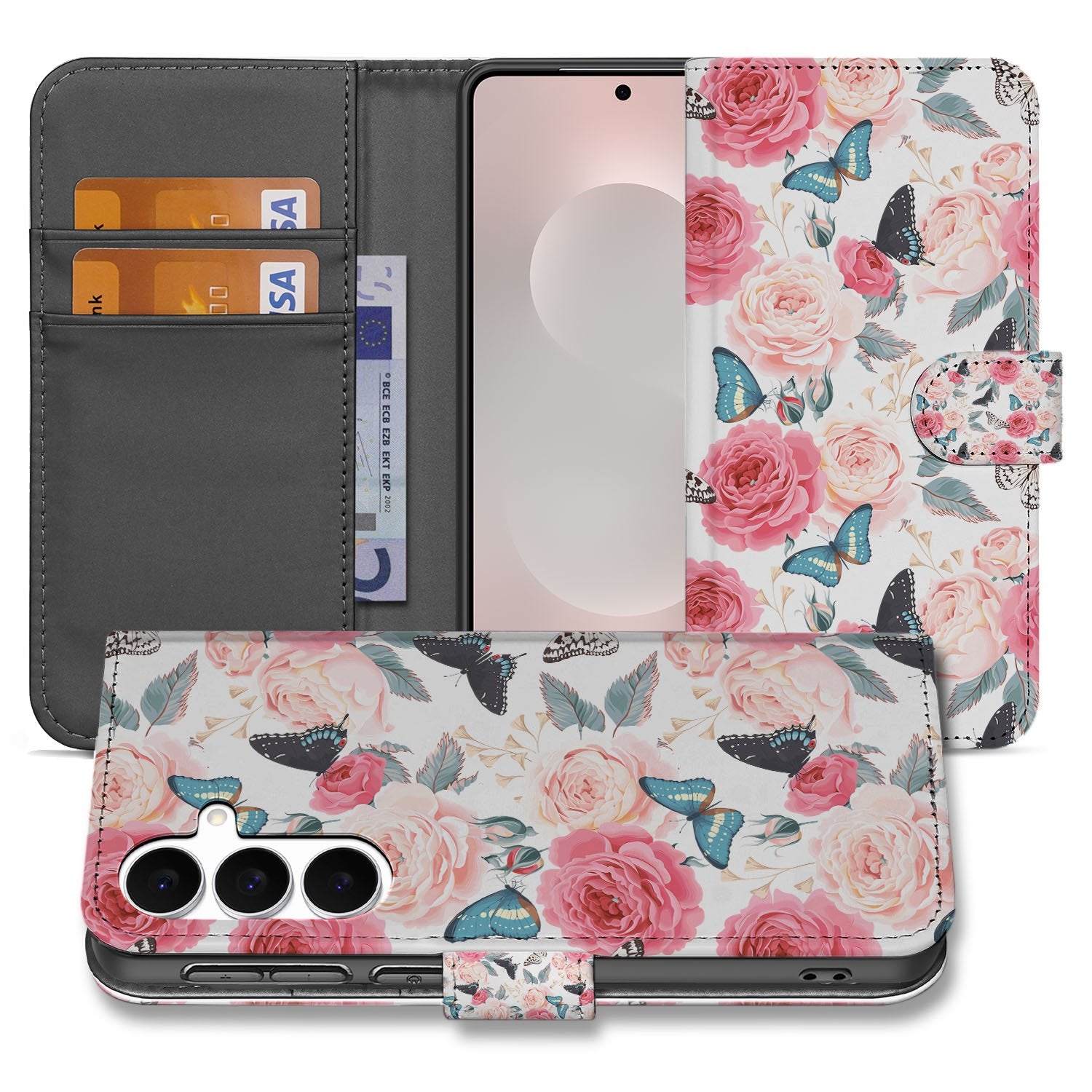 Samsung Galaxy S25 FE Bookcase Hoesje Roze Butterfly Roses Met Pasjes boekcase roze bloemen aanzicht