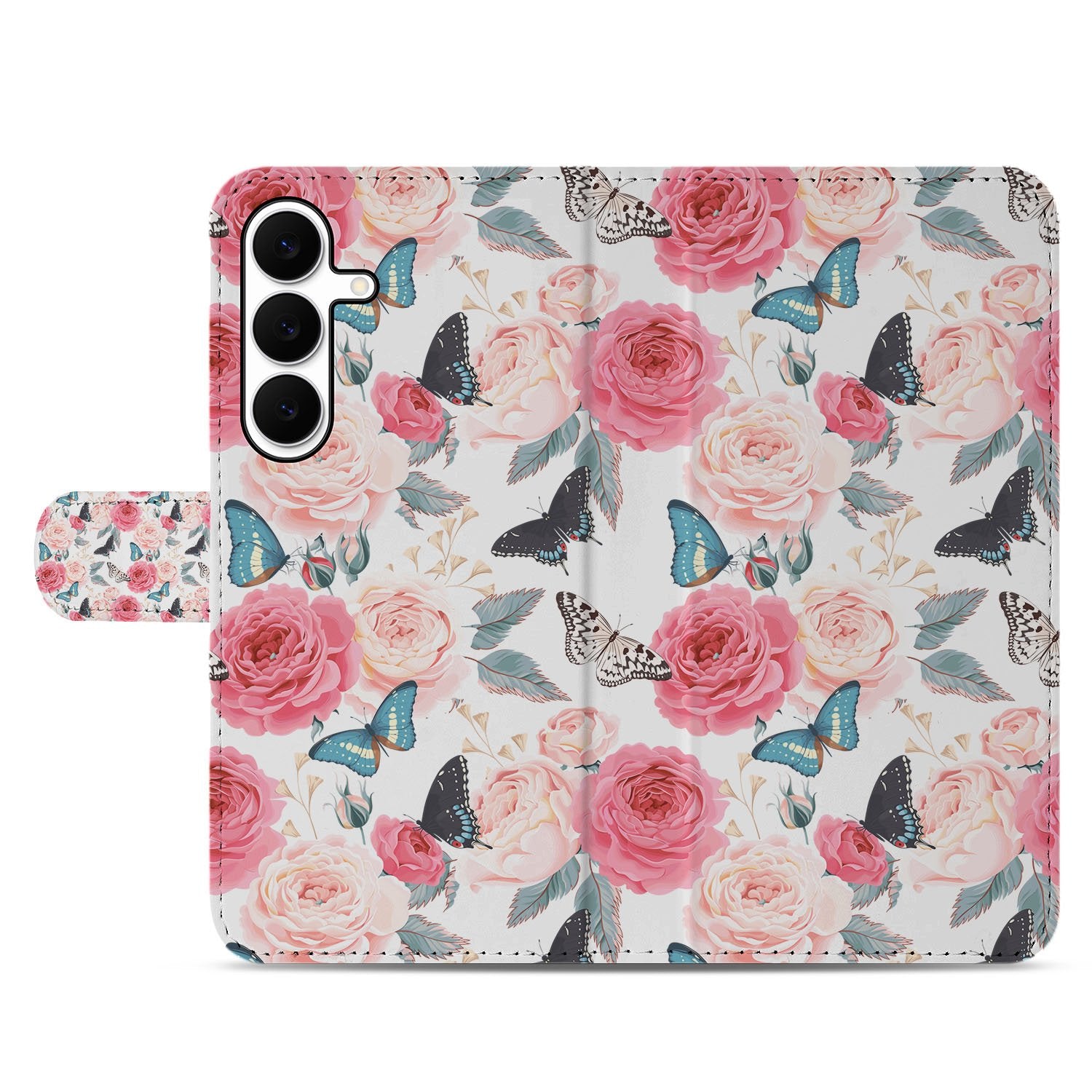 Samsung Galaxy S25 FE Bookcase Hoesje Roze Butterfly Roses Met Pasjes design roze rozen vlinders aanzicht