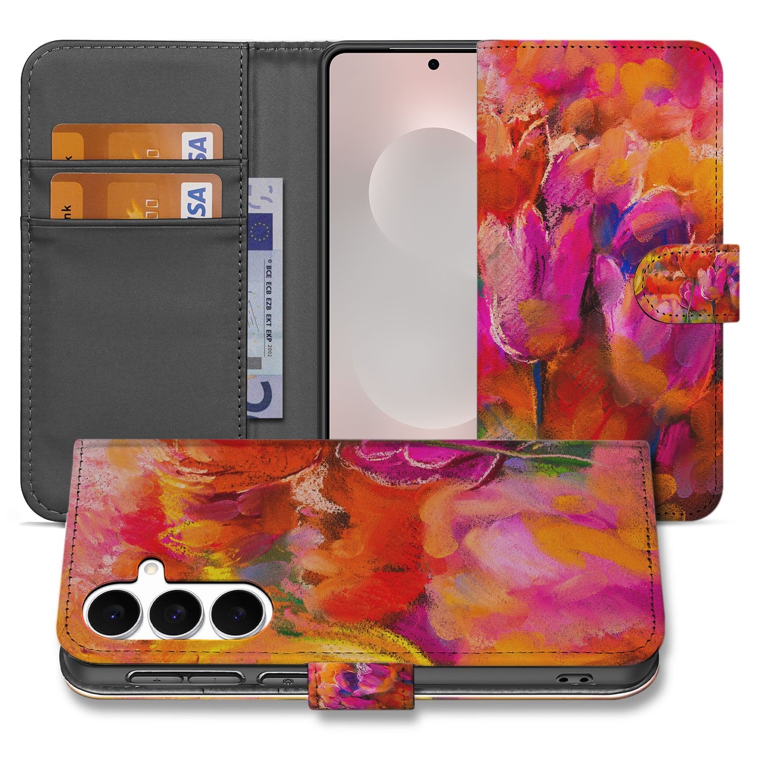 Samsung Galaxy S25 FE Bookcase Hoesje Tulips Met 3 Pasjes Kleurig bookcase hoesje design tulpen aanzicht